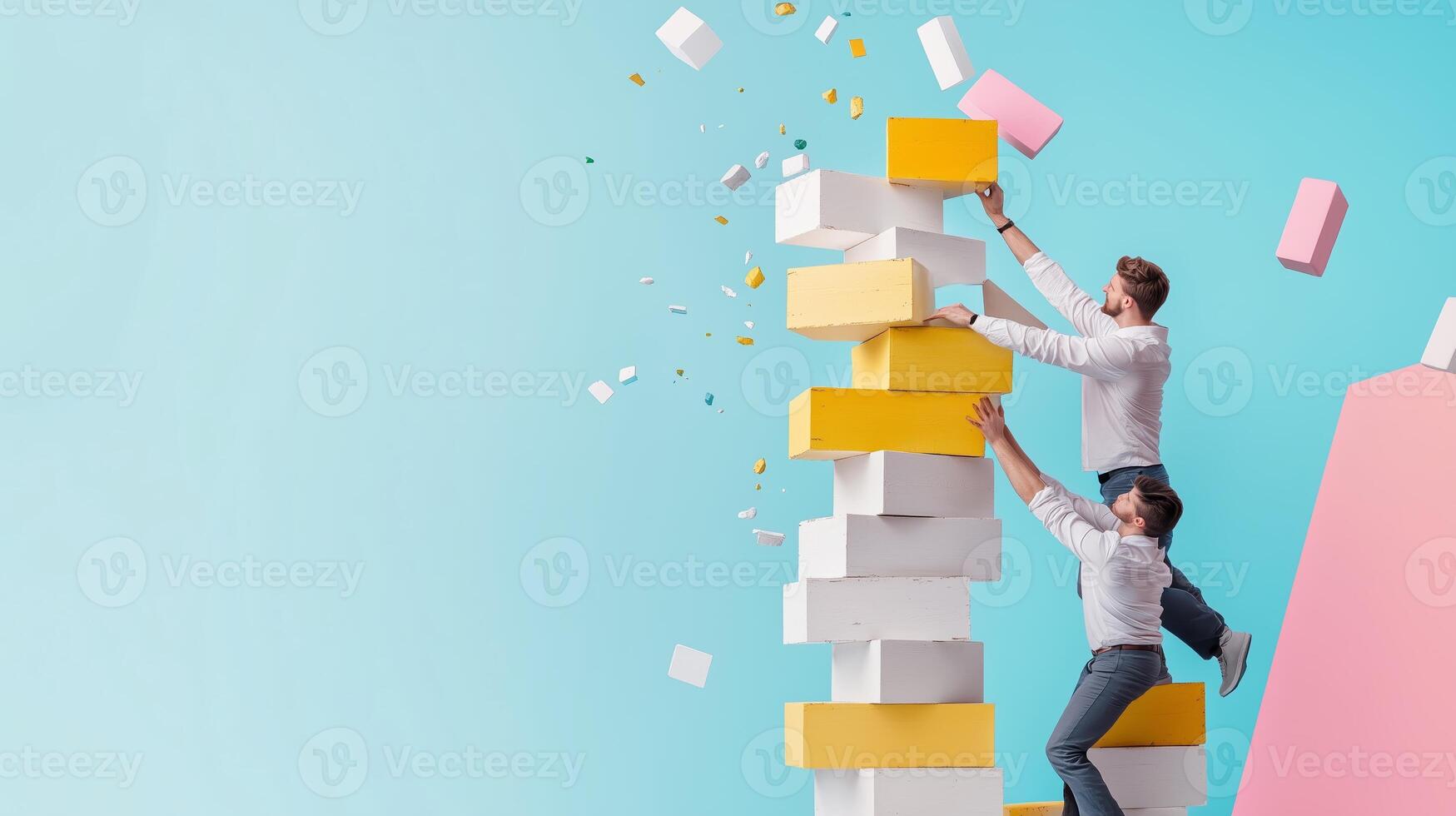 Two men collaboratively building a tall stack of colorful blocks in a bright, modern studio setting during the day photo