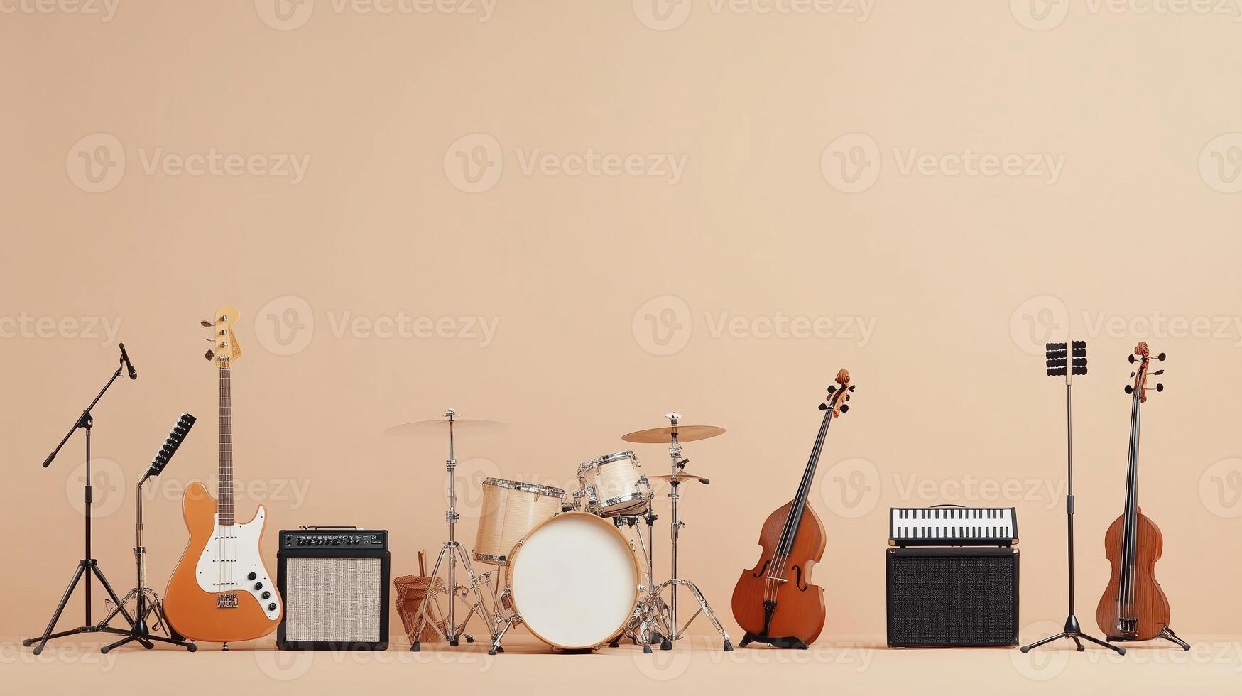 A collection of musical instruments arranged neatly on a beige background, showcasing guitars, a drum set, and string instruments photo