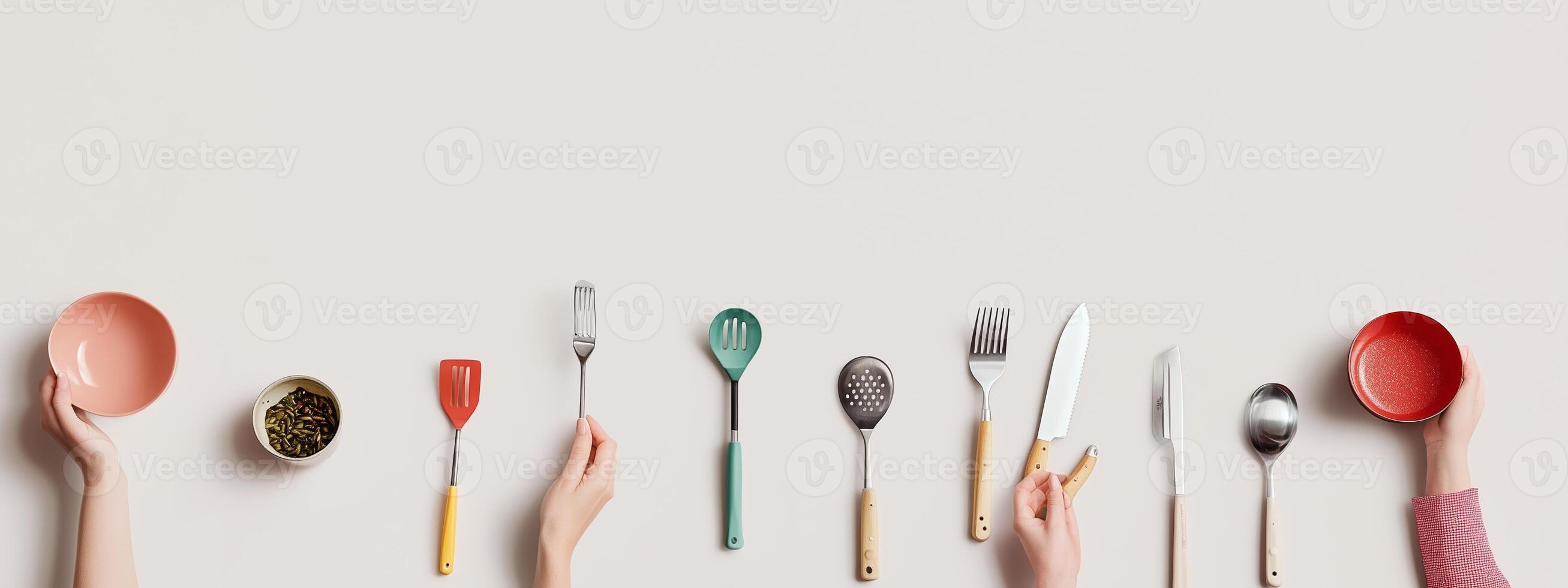 A colorful array of kitchen utensils and bowls neatly arranged on a light surface with hands reaching for them photo