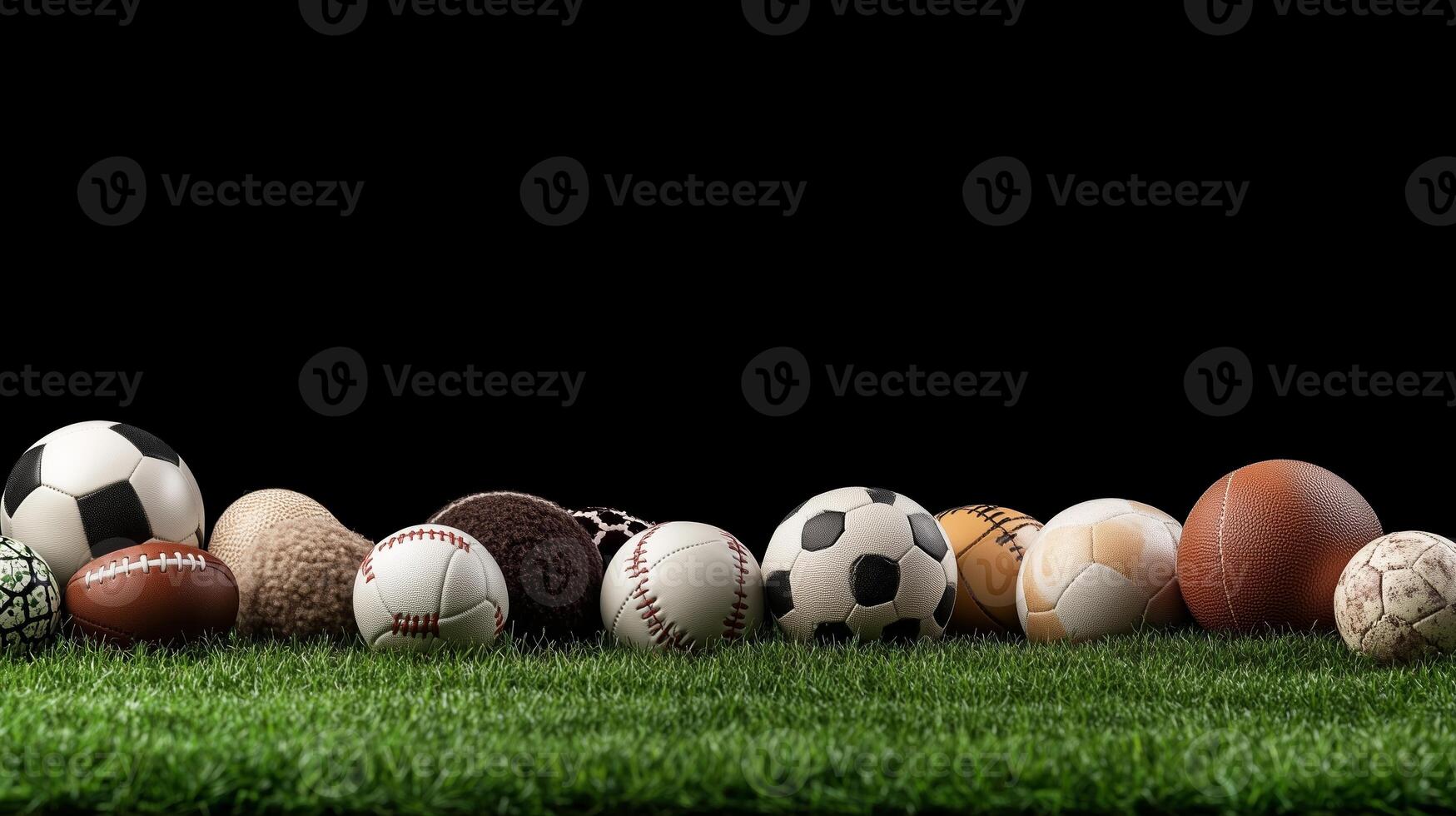 Various types of sports balls arranged on grass against a black background showcasing athletic activities photo