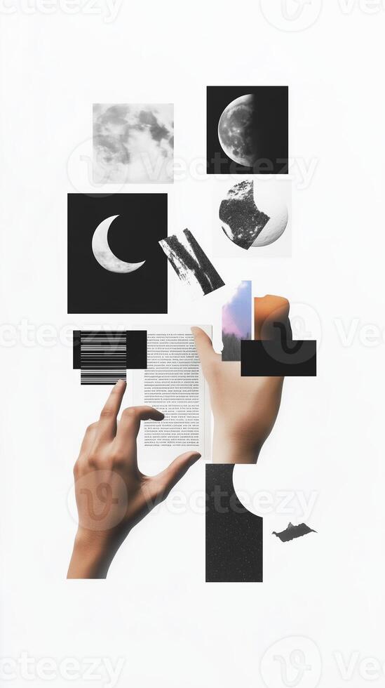 An abstract composition featuring hands holding a book, moon phases, and various geometric shapes in a minimalist style photo