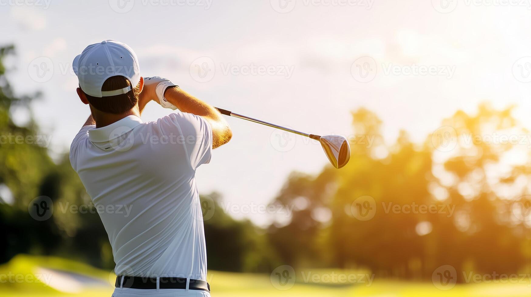 Golfer practicing swing at sunset on a lush green course, capturing the essence of the perfect golf day photo