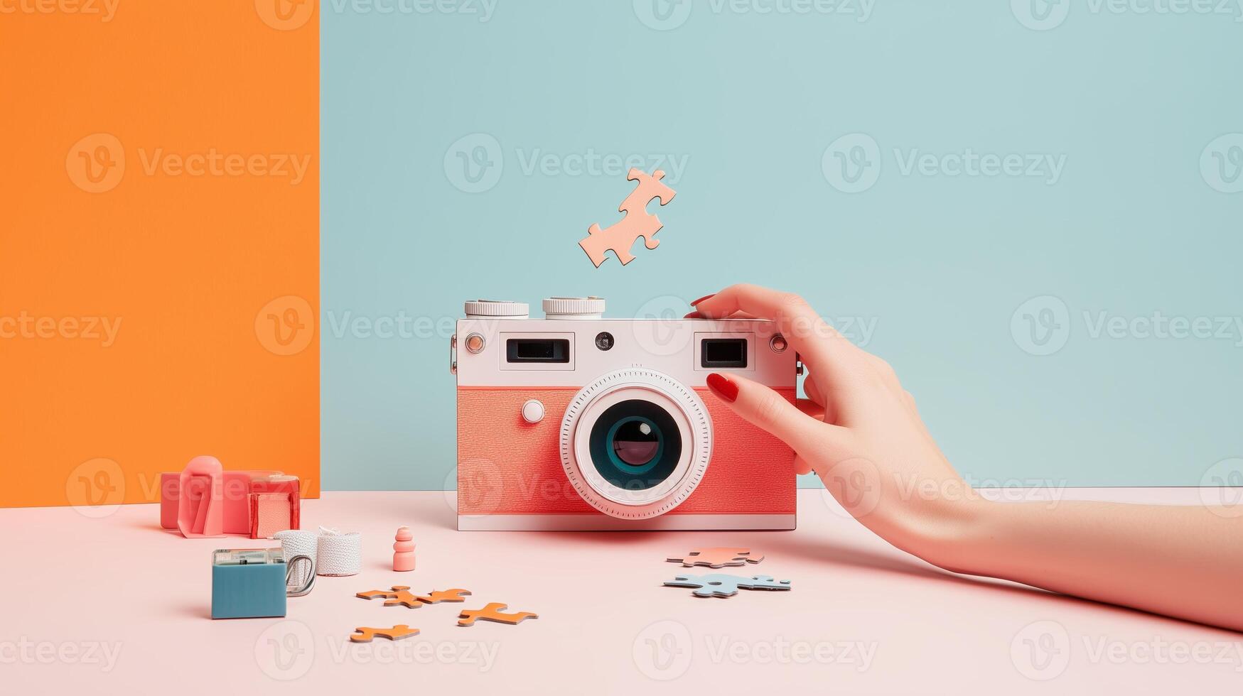 A hand reaching for a vintage camera while surrounded by colorful jigsaw pieces on a pastel backdrop photo