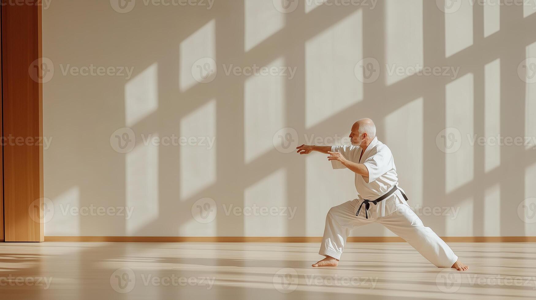 An elderly martial artist demonstrates a kata in a bright dojo during morning sunlight hours photo