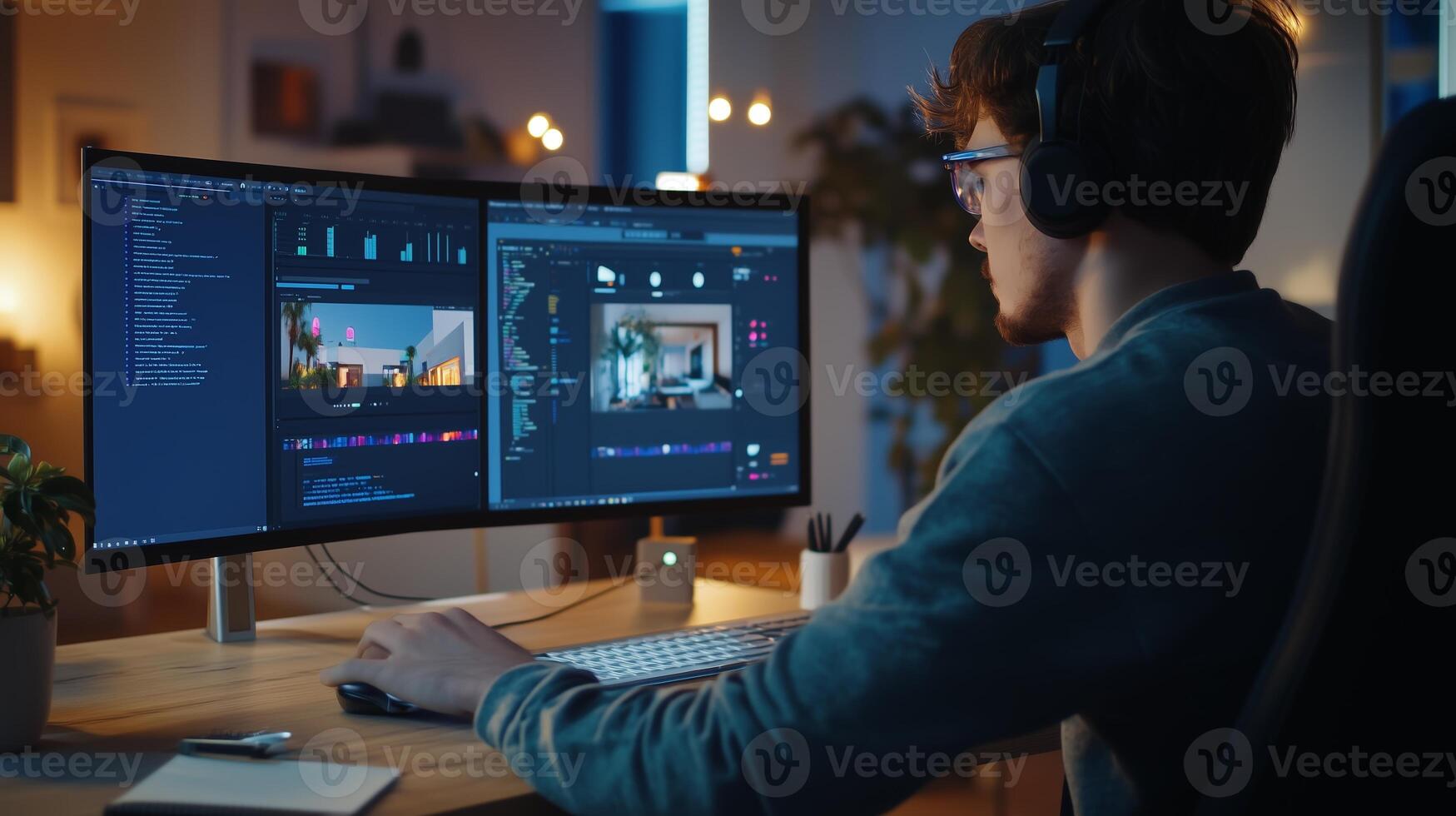 A young man works late into the evening on a dual-monitor setup for editing in a cozy home office environment photo