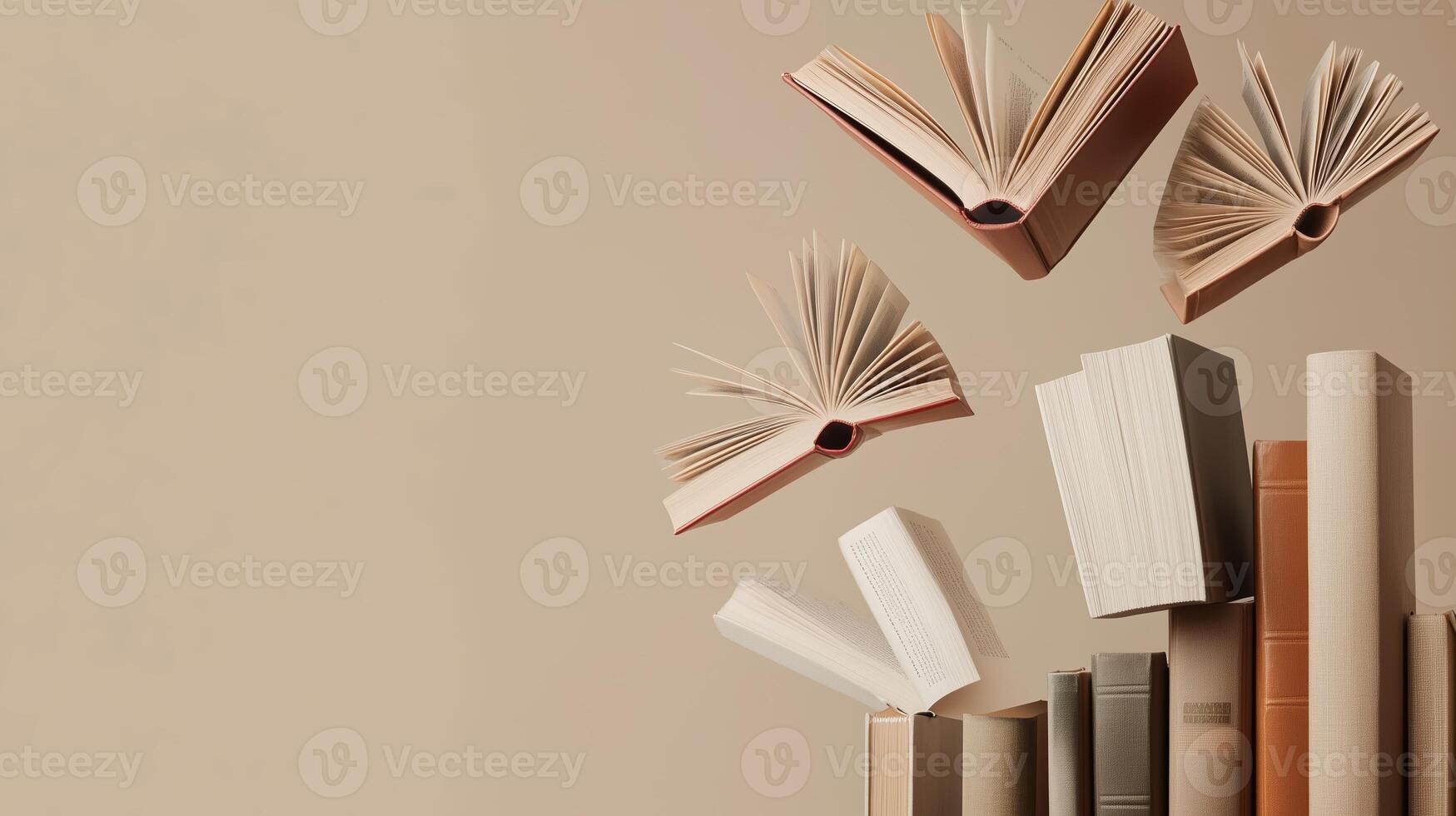 Books appear to float above a stack, creating a whimsical display against a neutral background in a creative art piece photo
