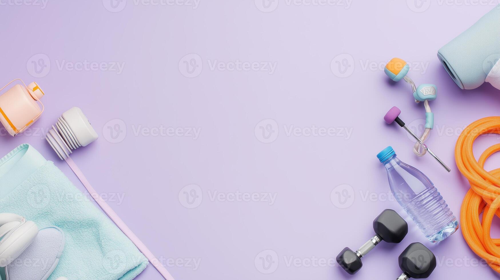 Fitness equipment and accessories arranged on a pastel background for a workout routine, featuring weights, skipping rope, and water bottle photo