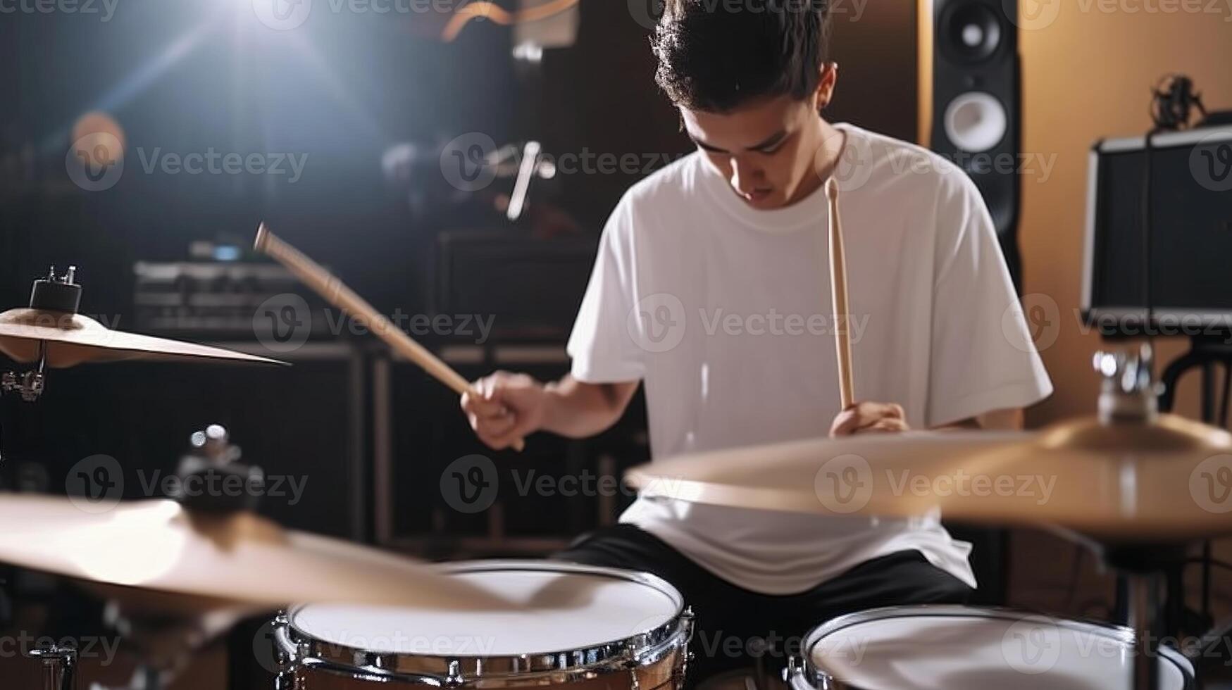 Young musician passionately plays drums in a vibrant studio setting during a recording session photo