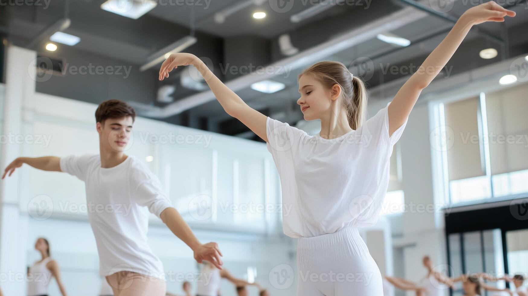 Young dancers practicing in a bright studio during a ballet class focused on technique and movement photo