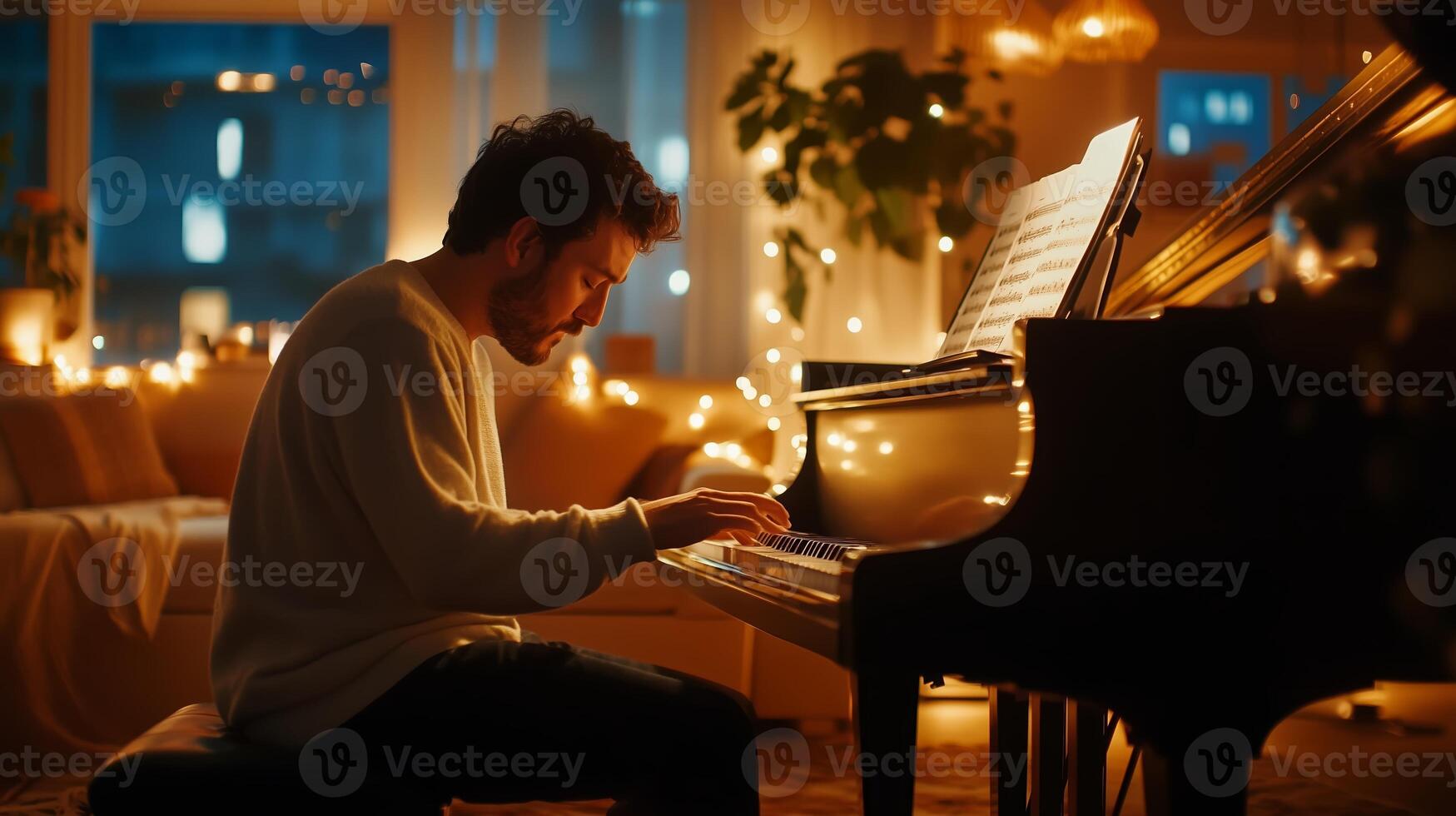 A man plays the piano in a cozy, warmly lit living room adorned with soft lighting and music sheets in the evening photo