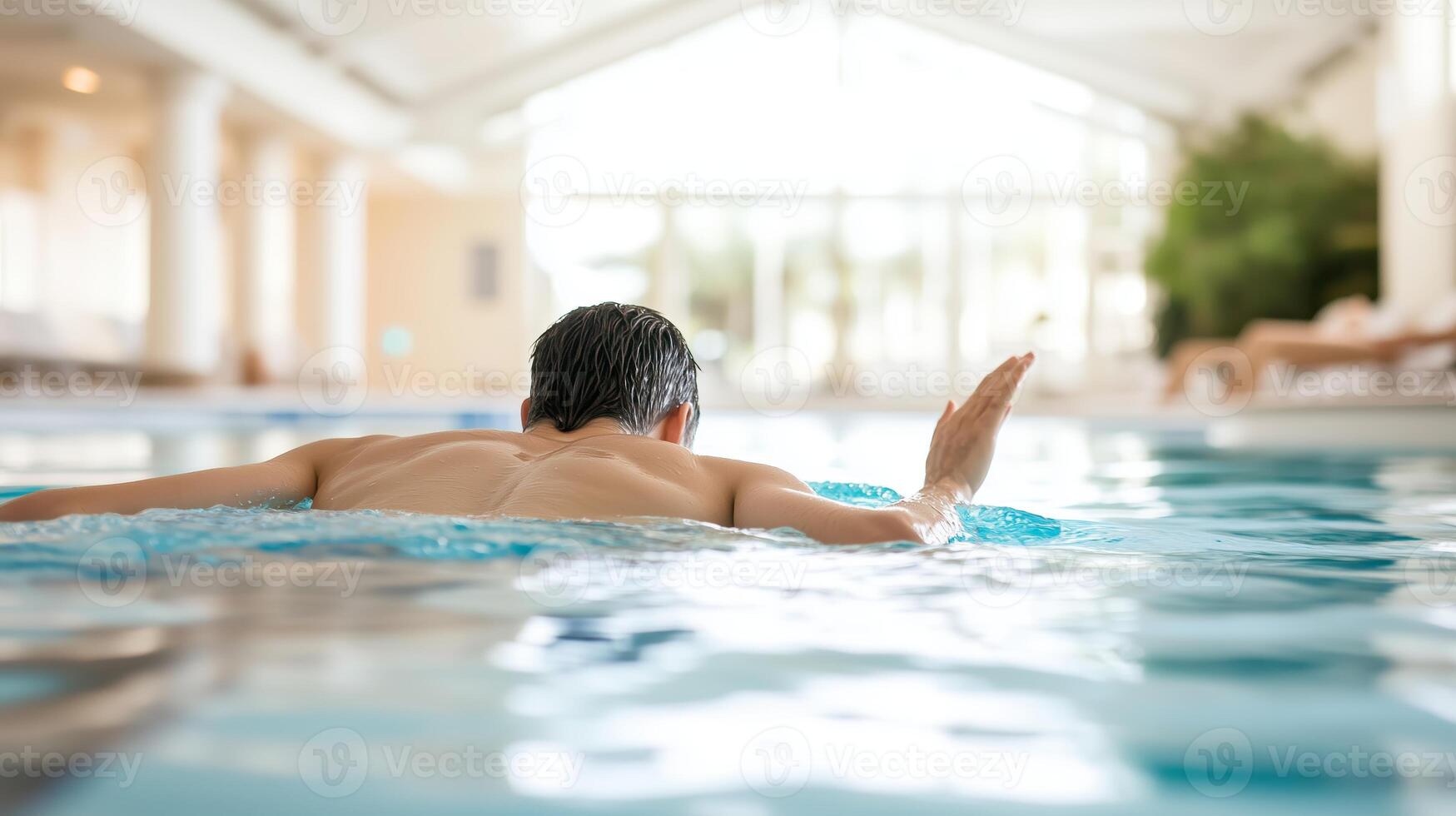 Man swimming in a well-lit indoor pool during a leisurely afternoon, enjoying warm water and peaceful surroundings photo