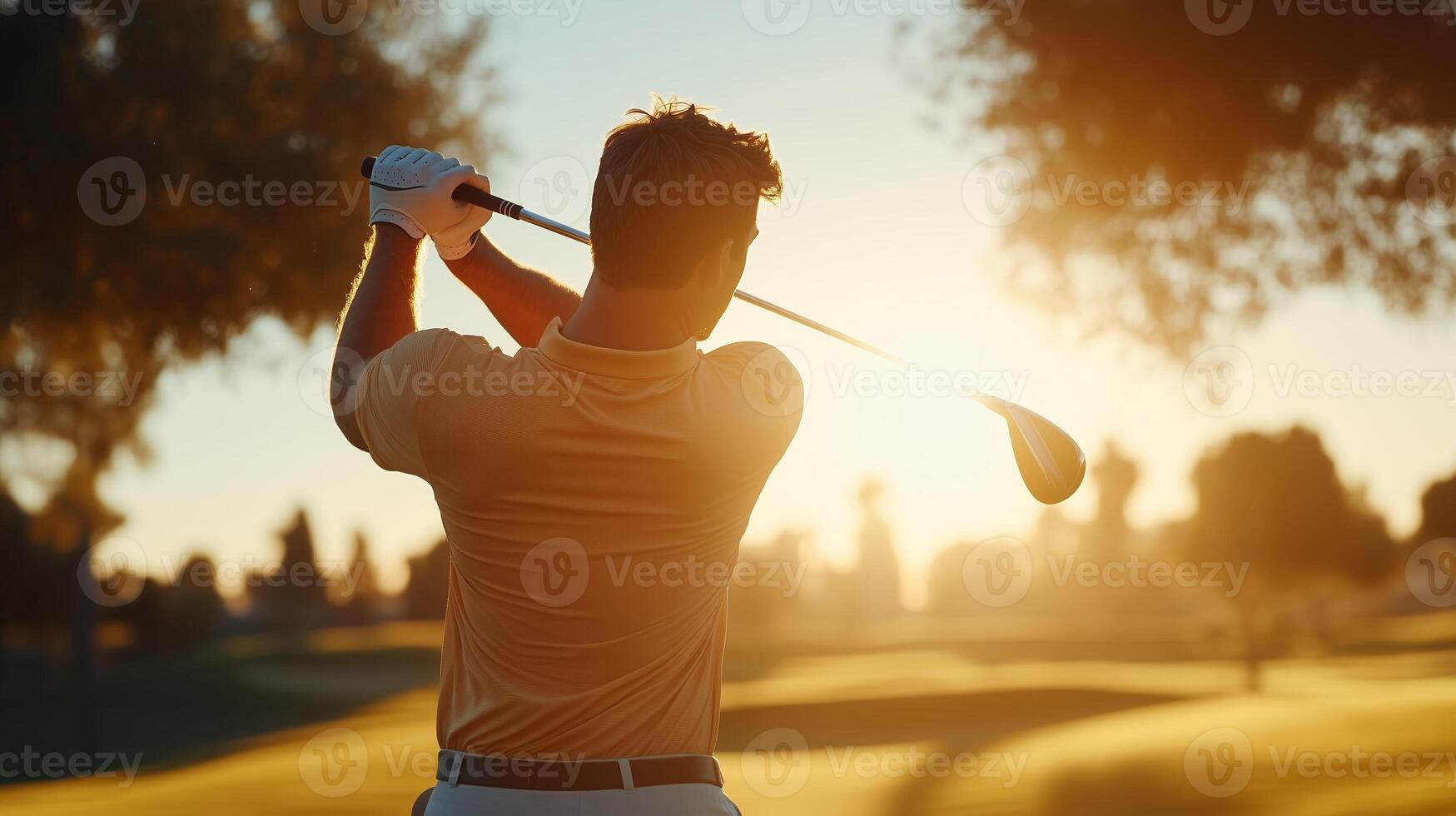 A golfer swings at sunset on a serene golf course, showcasing skill and focus during the golden hour photo
