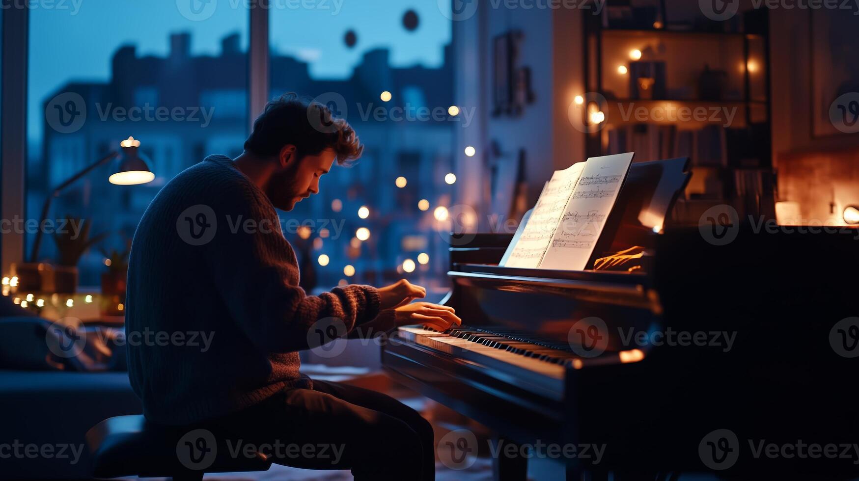 A musician plays a grand piano in a cozy, softly lit room filled with warm ambiance during the evening photo