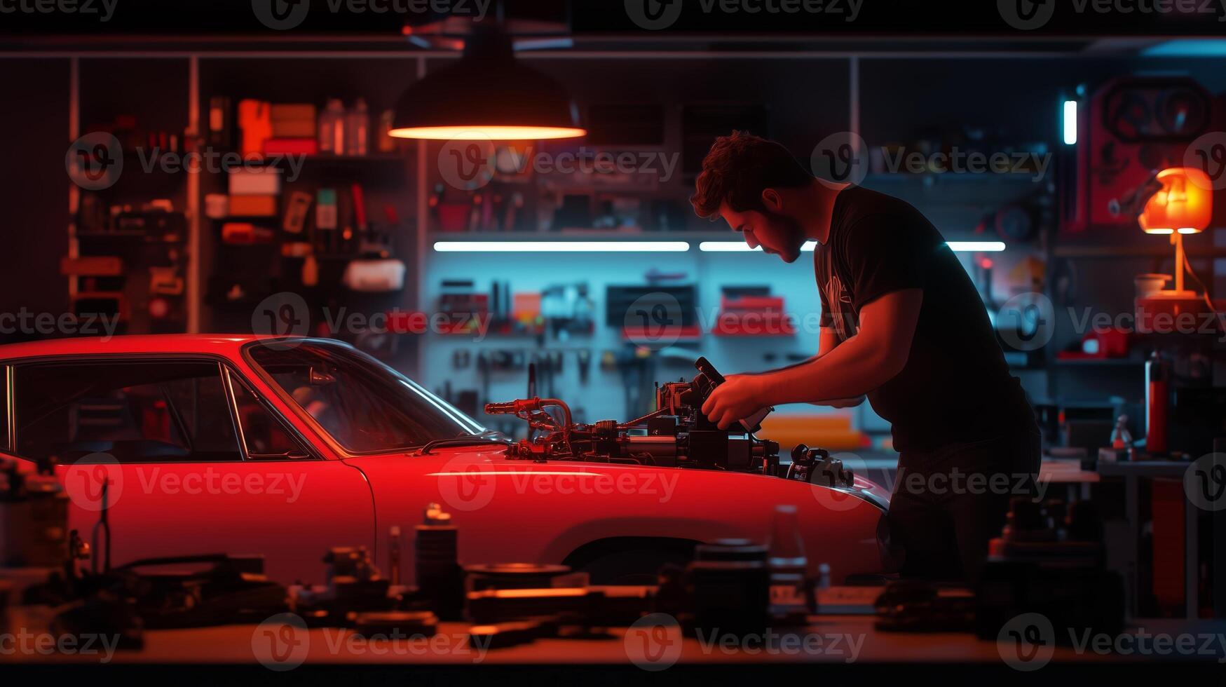 A mechanic works on a classic car in a dimly lit garage filled with tools and equipment during the night photo