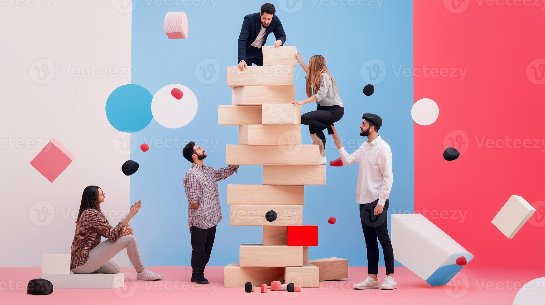 Individuals engaging in a group activity building a tower with large blocks in a colorful studio setting photo