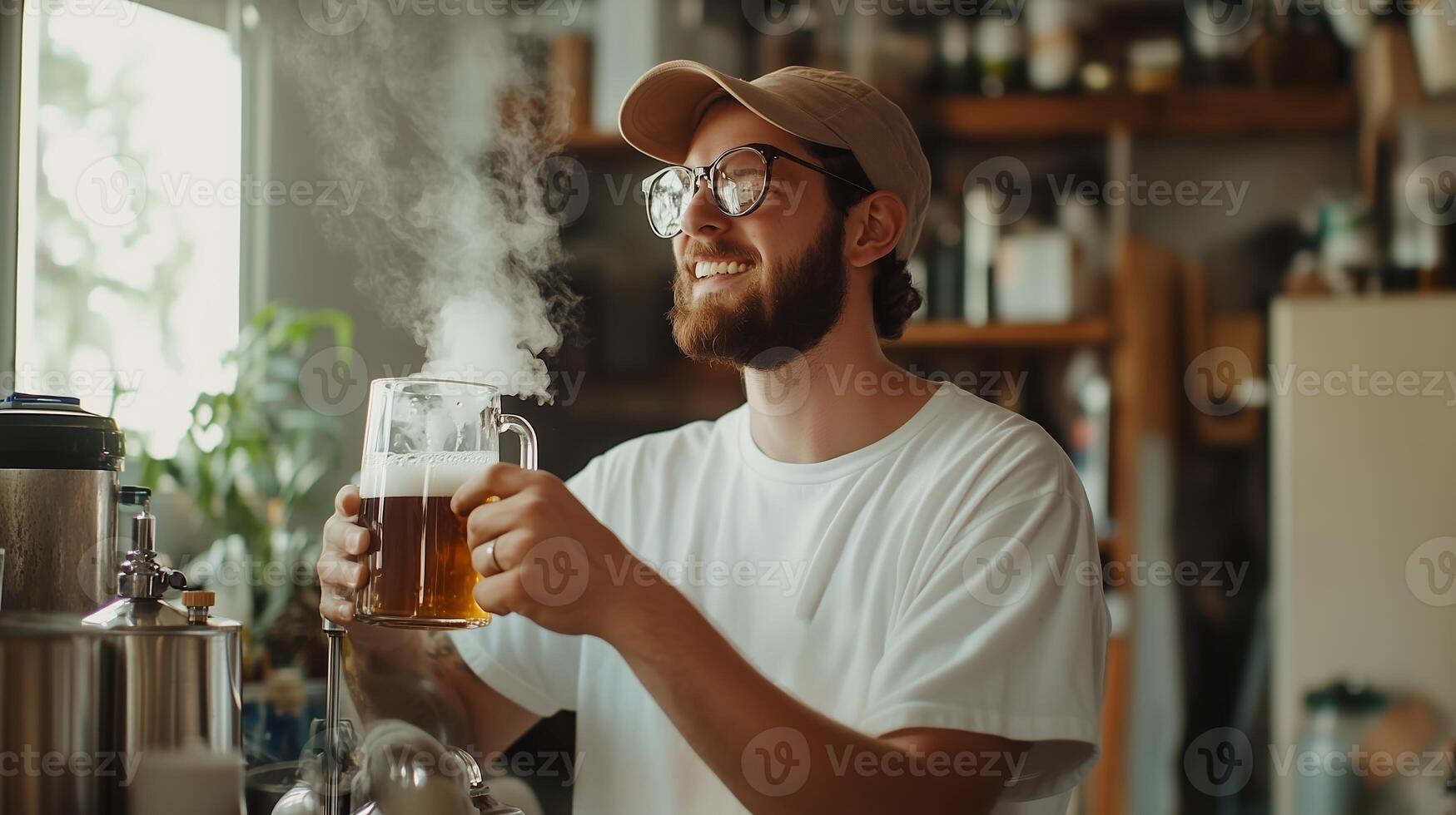 A young man smiles while serving freshly brewed beer in a cozy craft brewery during a sunny afternoon photo