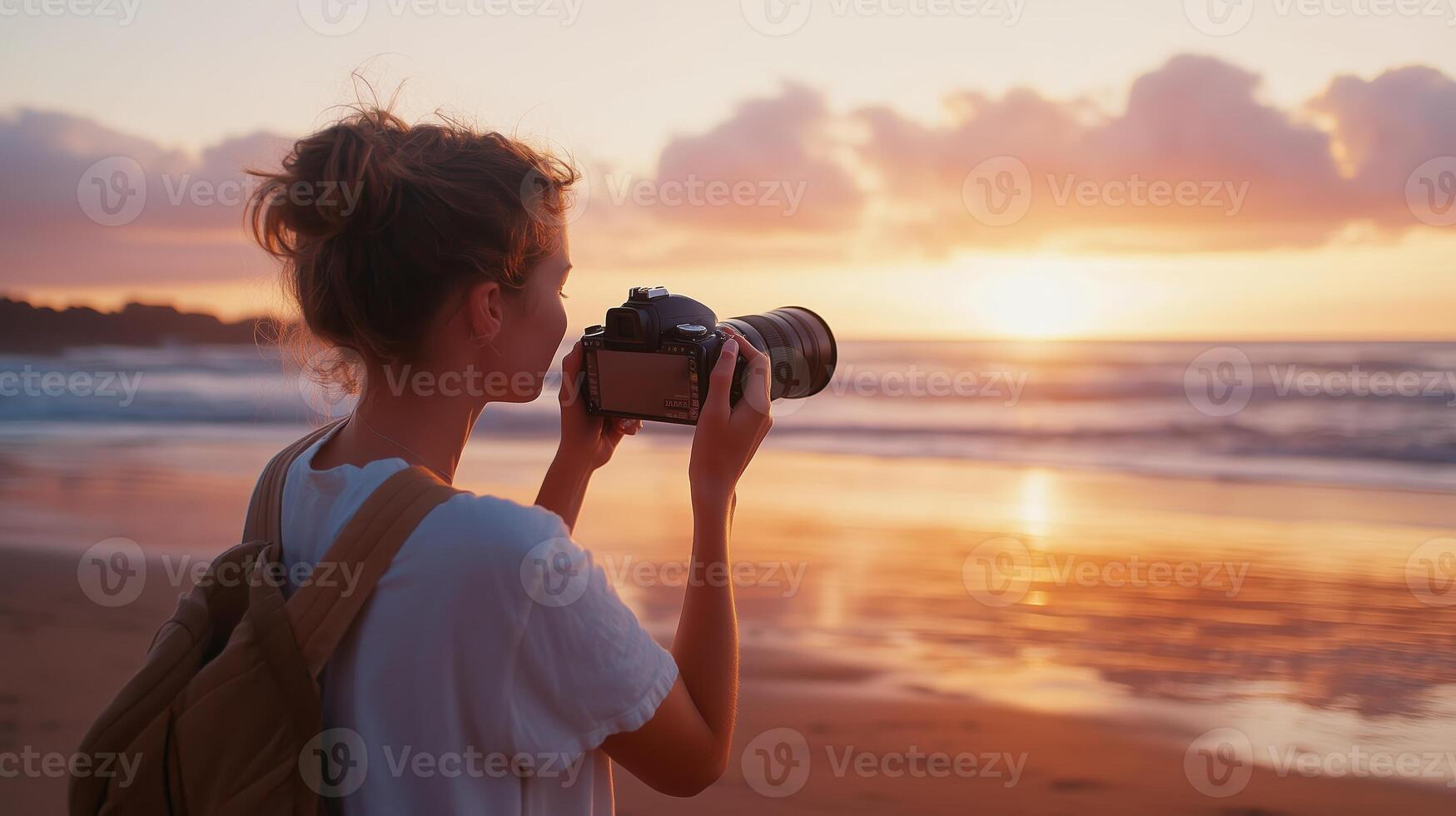 A young woman captures the sunset over the ocean while standing on a sandy beach during twilight hours photo