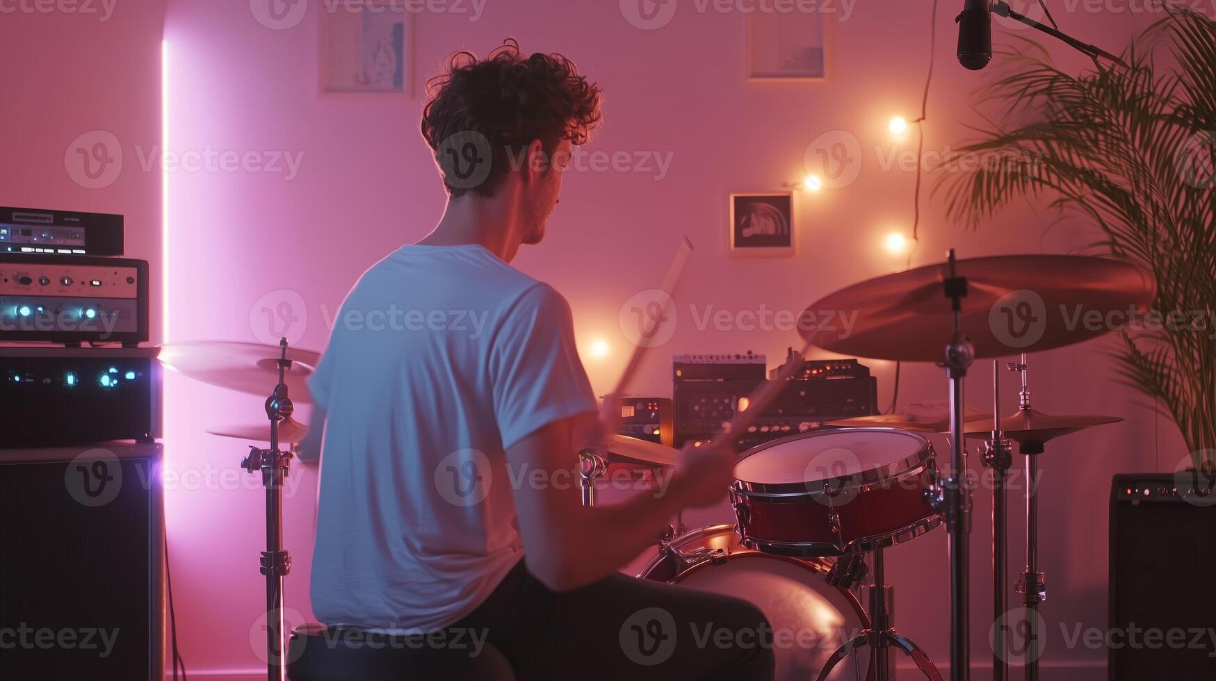 Young drummer practicing in a vibrant, pink-lit studio filled with instruments and musical equipment during a late evening session photo