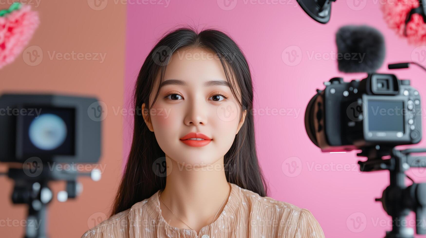 Young woman engaged in a shoot against a colorful backdrop with cameras set up for content creation in a bright studio photo