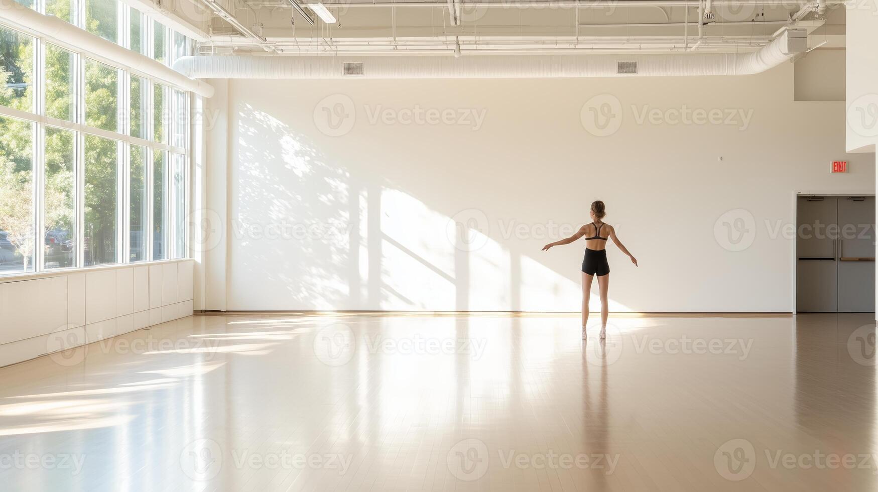 A dancer practices in a bright, spacious studio with large windows during the afternoon sunlight photo