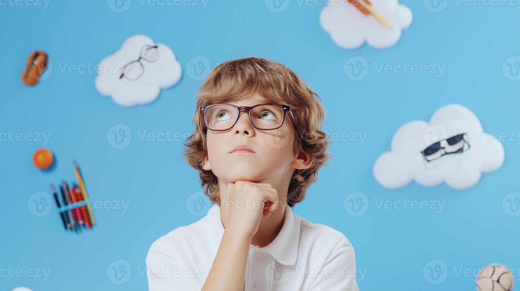 A thoughtful boy in a classroom setting surrounded by imaginative clouds and school-related items during a creative thinking session photo