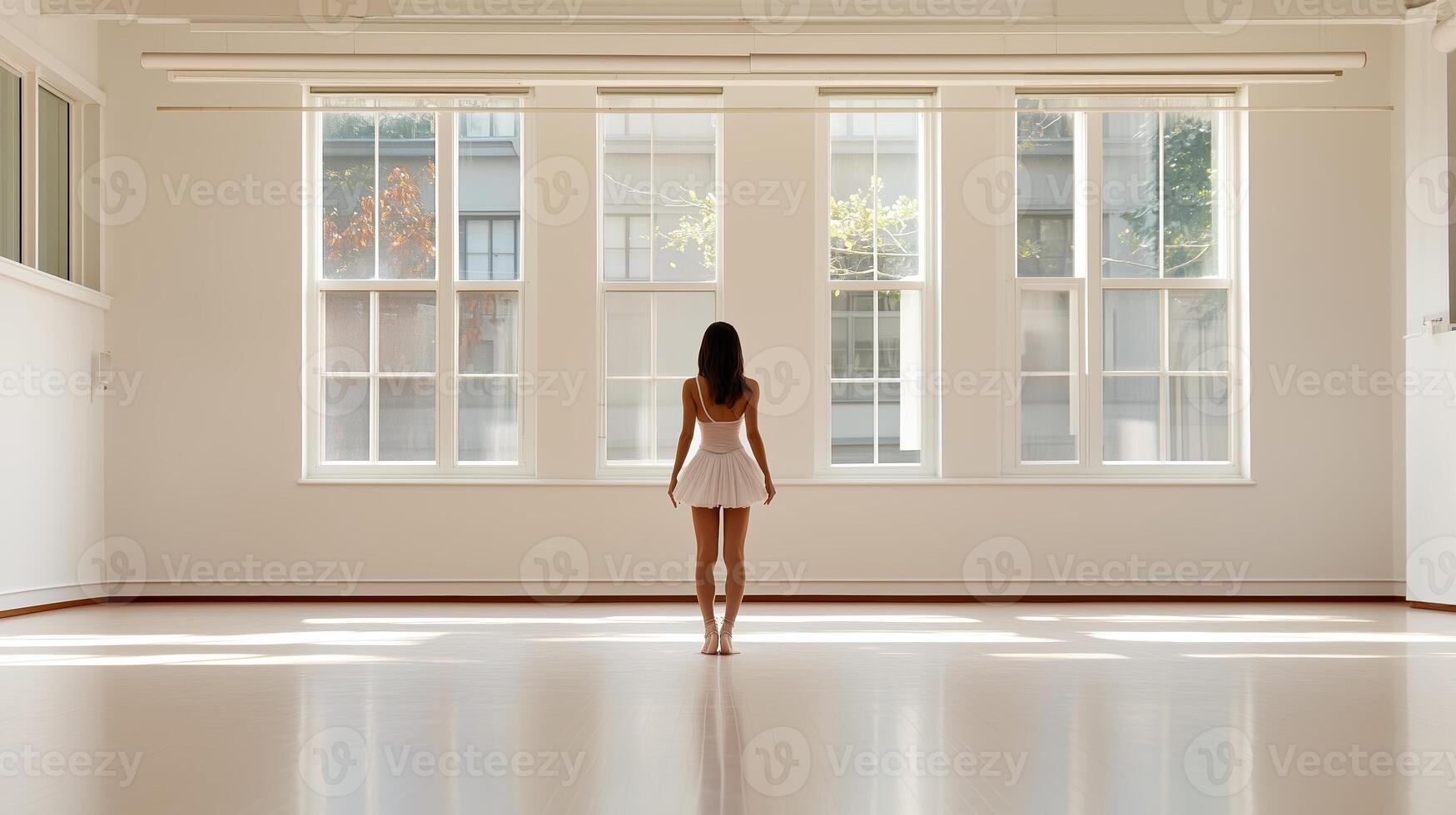 A woman standing barefoot in a bright, minimalist studio filled with natural light during the daytime photo