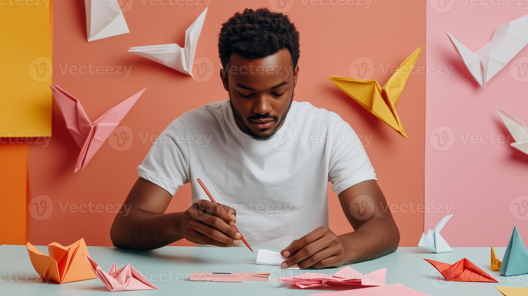 A young man crafts colorful origami figures while seated at a creatively decorated workspace with pastel backgrounds photo