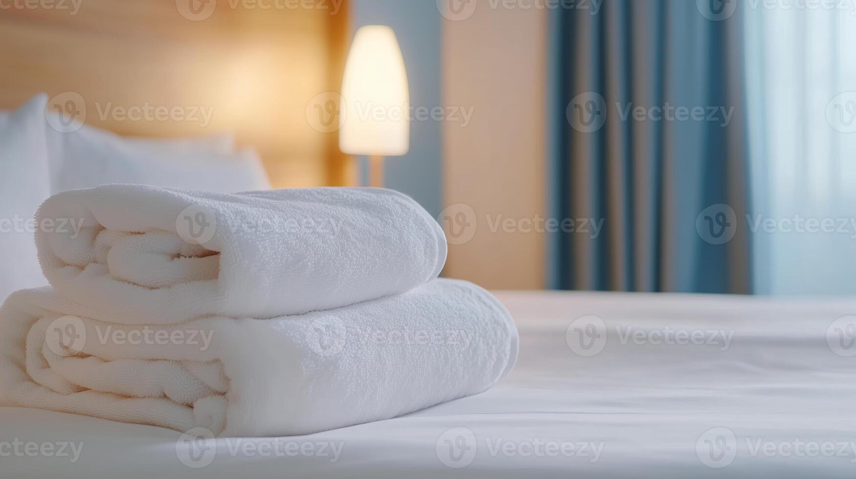Soft white towels neatly stacked on a hotel bed beside a modern lamp in a cozy room during the daytime photo
