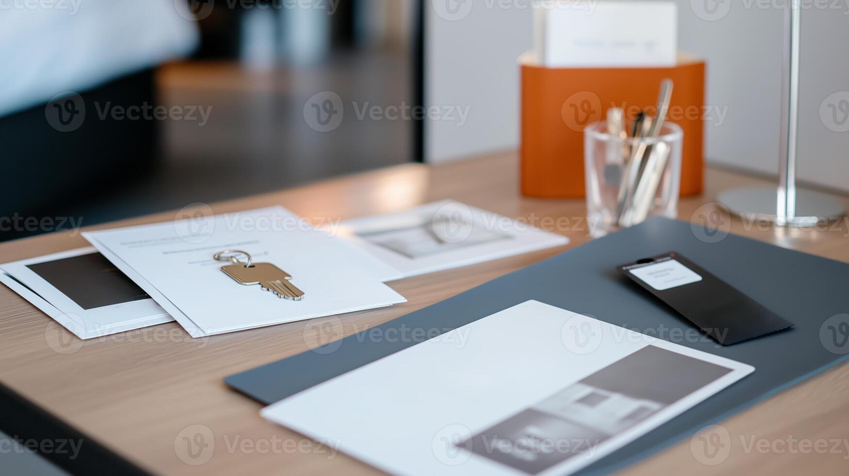 A neatly organized hotel desk with stationery, key, and informational brochures during daytime photo