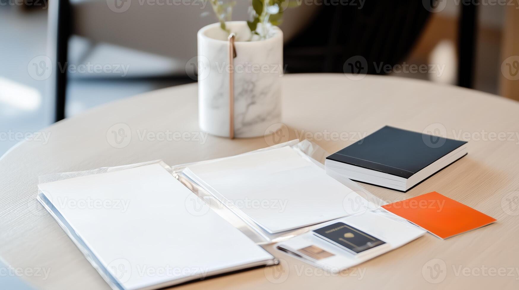 A modern workspace setup featuring organized stationery, a notebook, and a decorative plant on a minimalist table during daylight hours photo