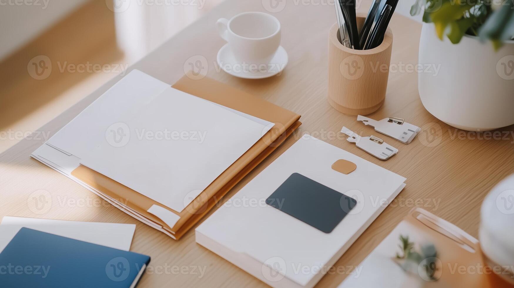 A neatly organized workspace featuring folders, a cup of coffee, and stationery on a wooden table during daylight hours photo