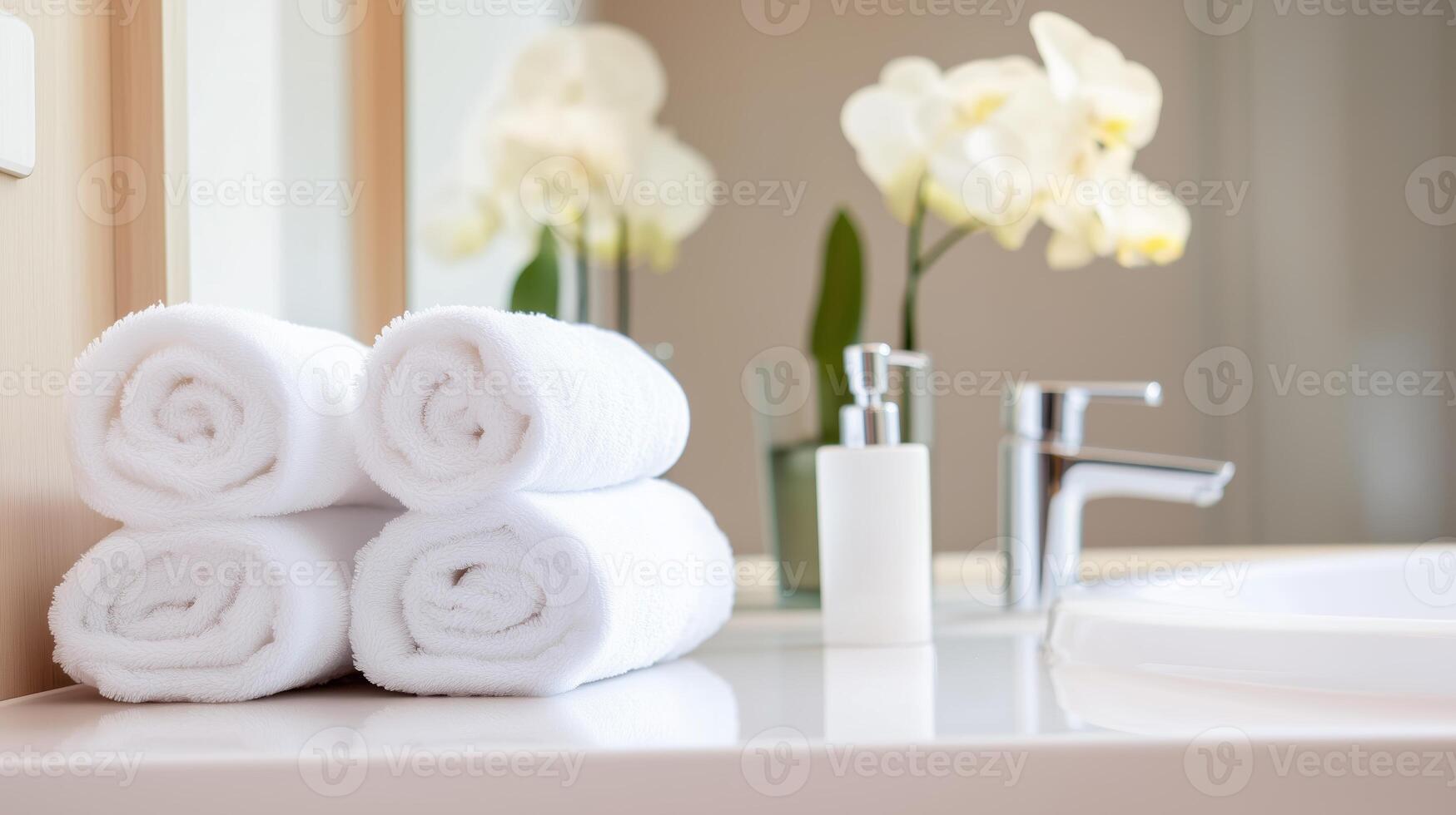 Neatly arranged white towels beside a modern sink with flowers in a bright bathroom setting photo