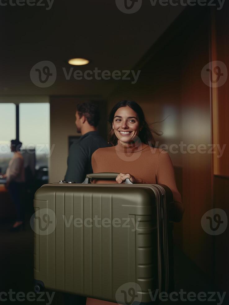 A woman in business attire smiles while carrying a suitcase in a corporate office setting during the afternoon photo