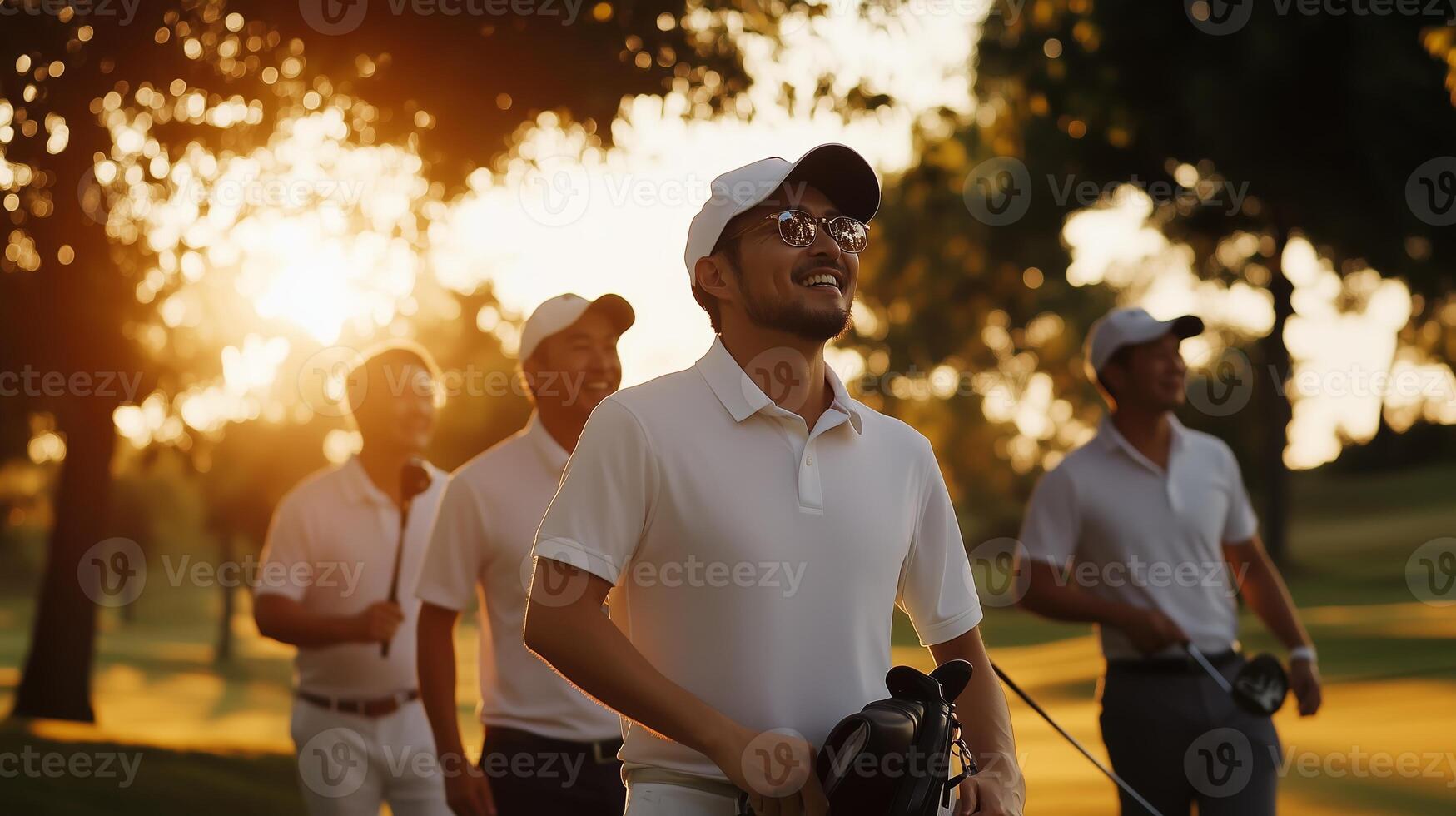 A group of friends enjoying a sunset walk on the golf course after a round of play in the late afternoon hours photo