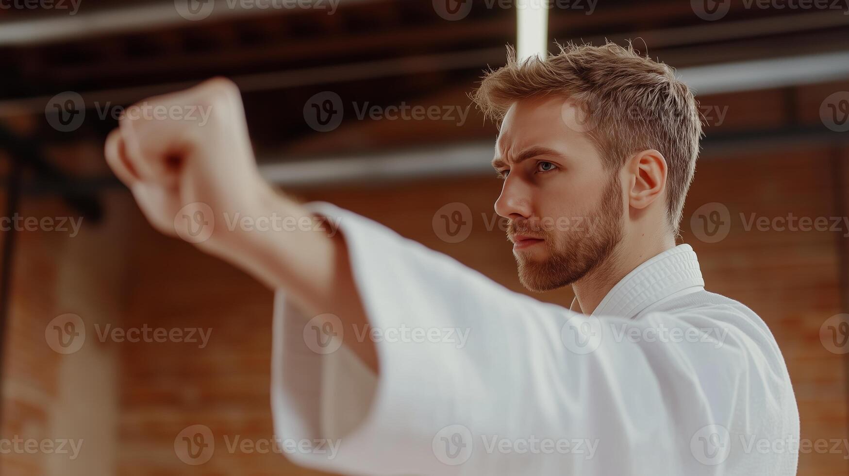 Karate practitioner demonstrating a punch technique in a training dojo during a morning session photo