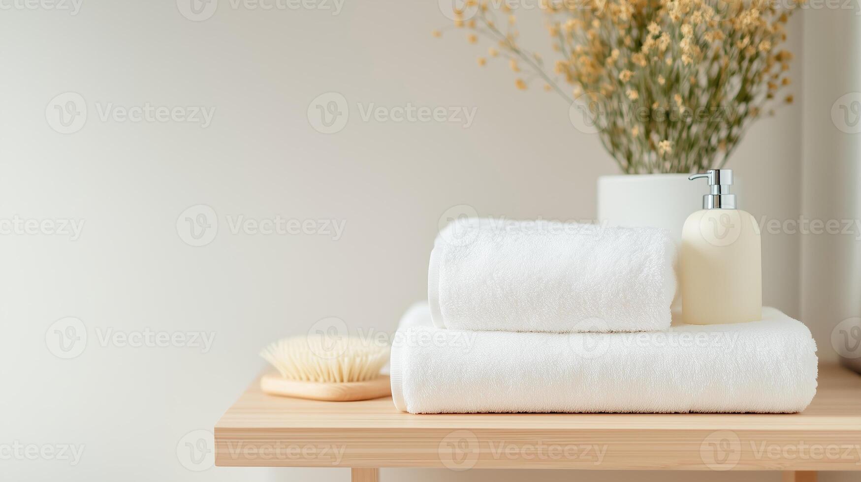 A serene bathroom setting with neatly arranged white towels and a natural brush beside a decorative vase of dried flowers photo