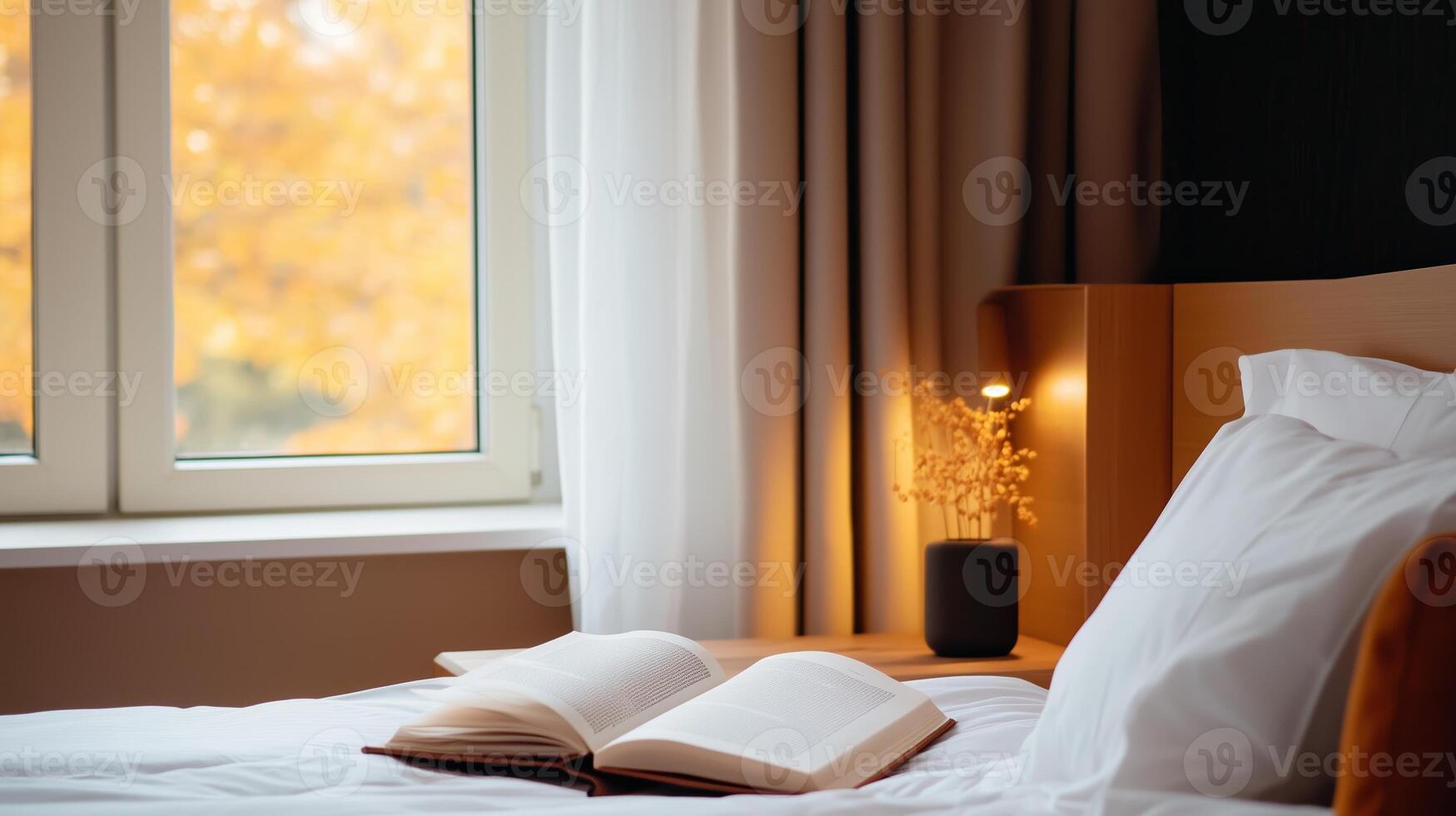 A cozy bedroom corner with an open book, morning sunlight filtering through sheer curtains, and autumn leaves visible outside photo