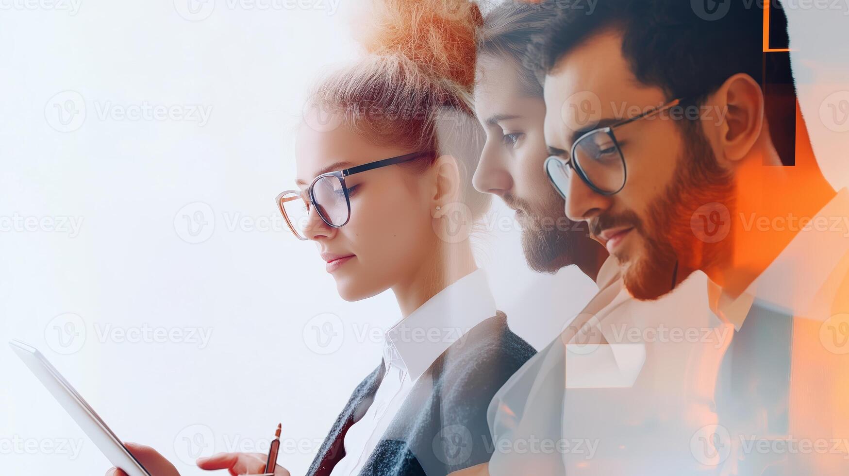 Young professionals collaborating on a digital tablet while sharing creative ideas in the office during the morning hours photo