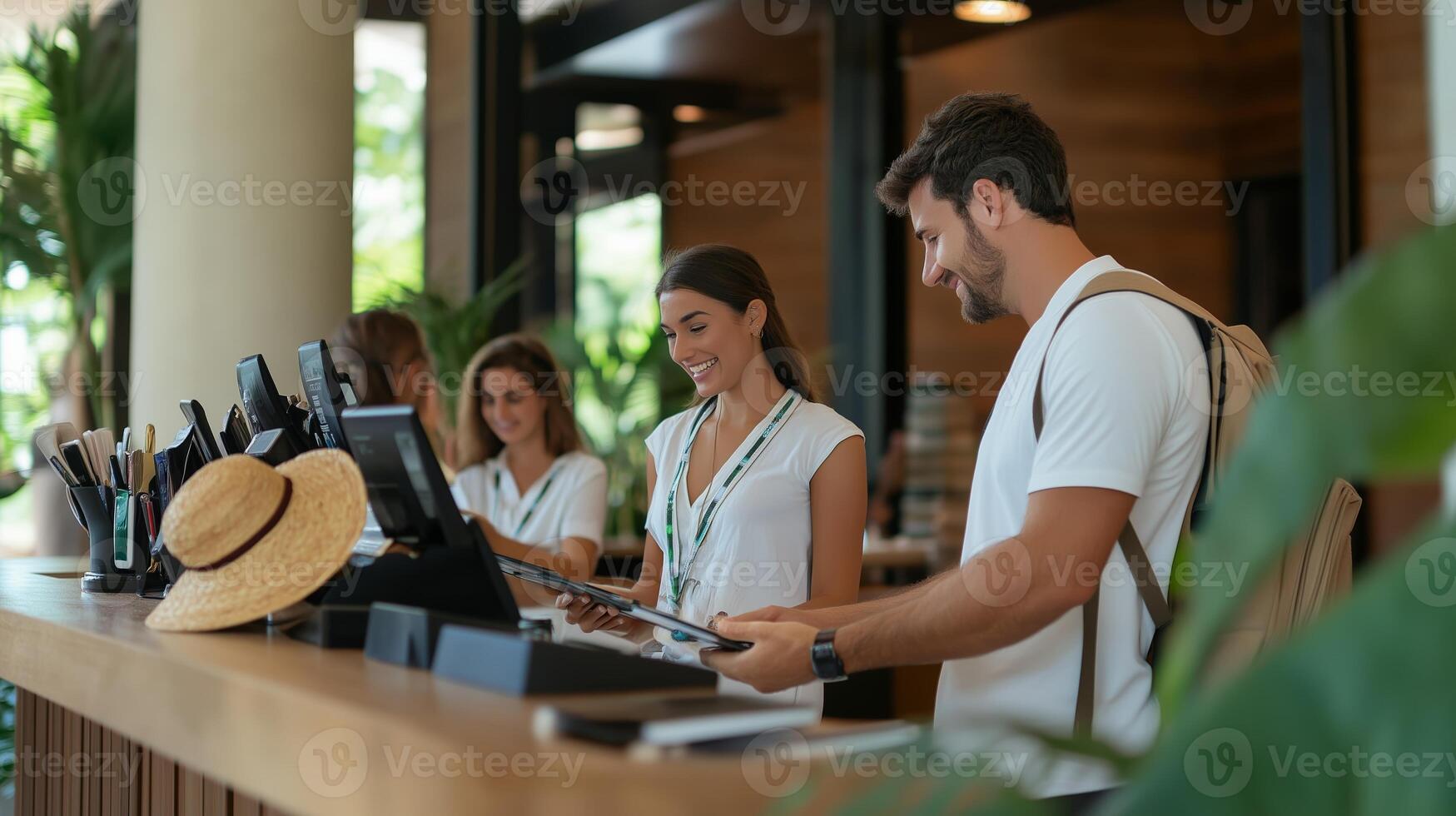 Guests checking in at a tropical resort reception desk, smiling and engaging with staff in a welcoming atmosphere photo