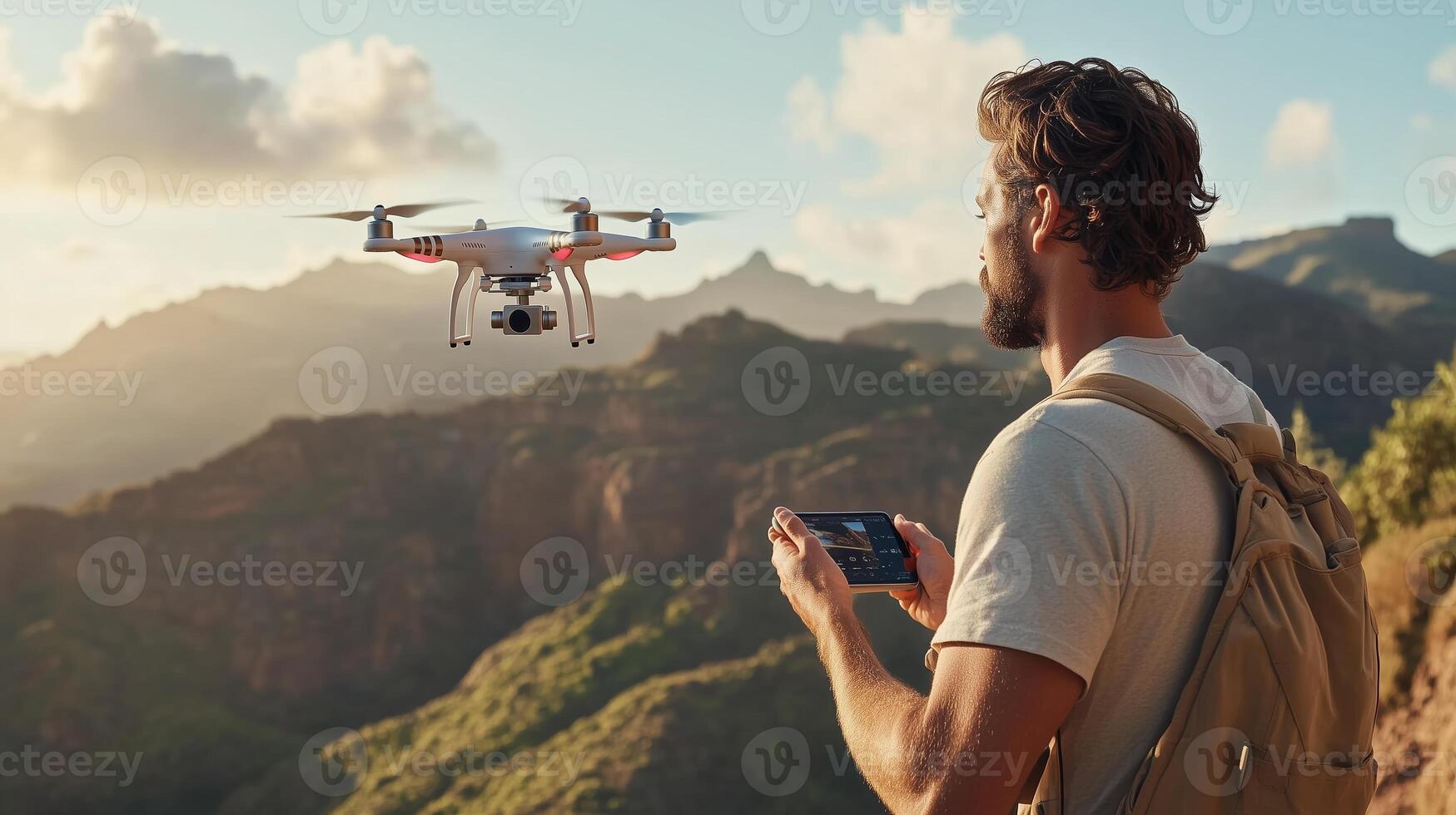 A man controls a drone while overlooking a stunning mountainous landscape at sunset photo