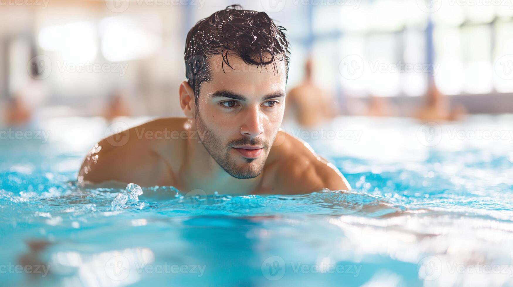 Young man swimming in a clear pool during afternoon practice at a training facility photo