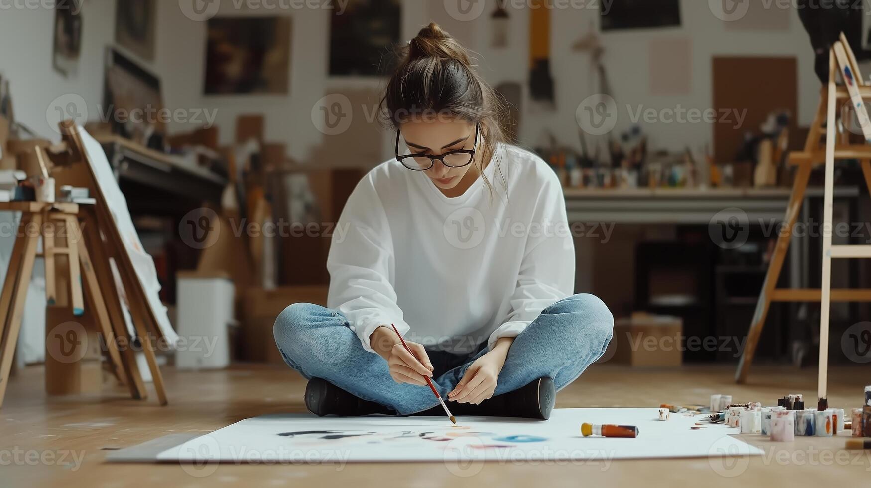 Young artist creating vibrant artwork while seated on the floor in a cozy studio filled with art supplies and easels during daylight photo