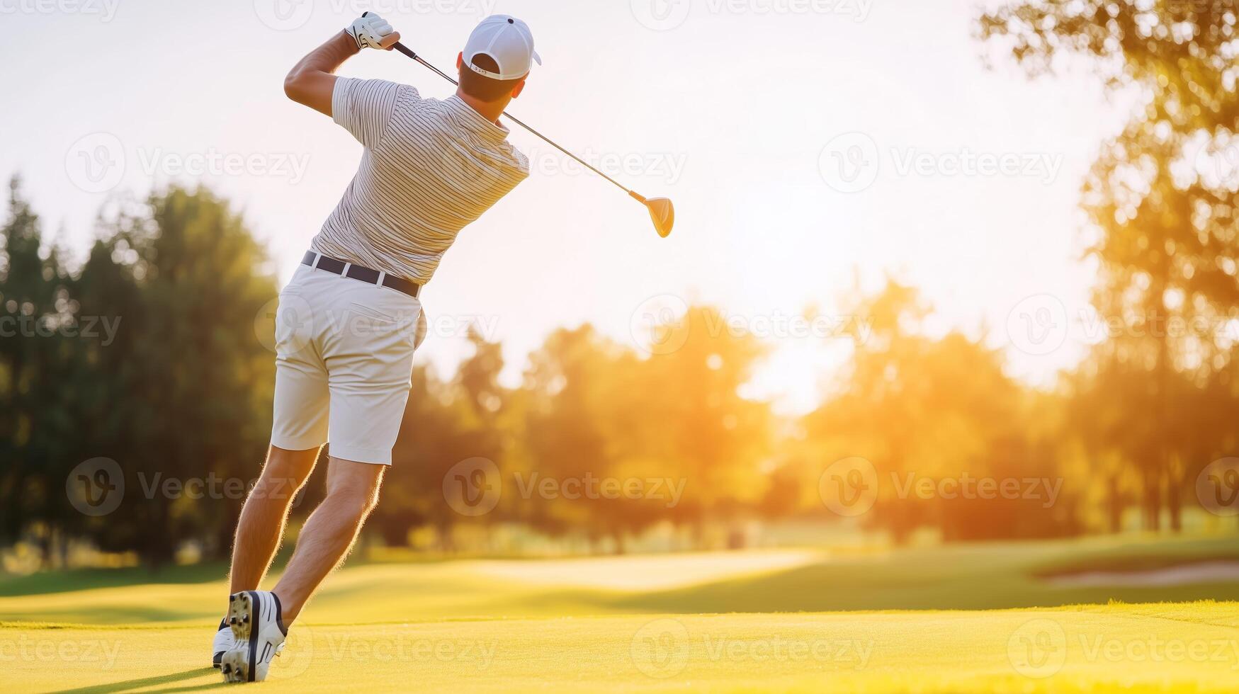A golfer swings with focus during a golden sunset on the lush greens of a serene golf course photo