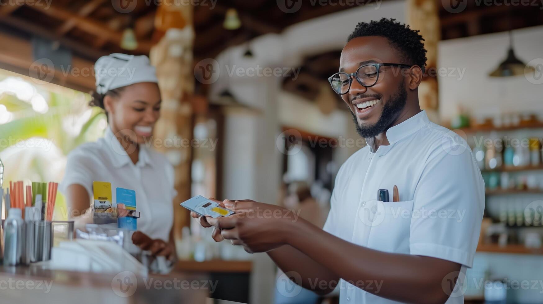 A cheerful bartender serves a customer at a vibrant beachside bar during a sunny afternoon in a tropical destination photo