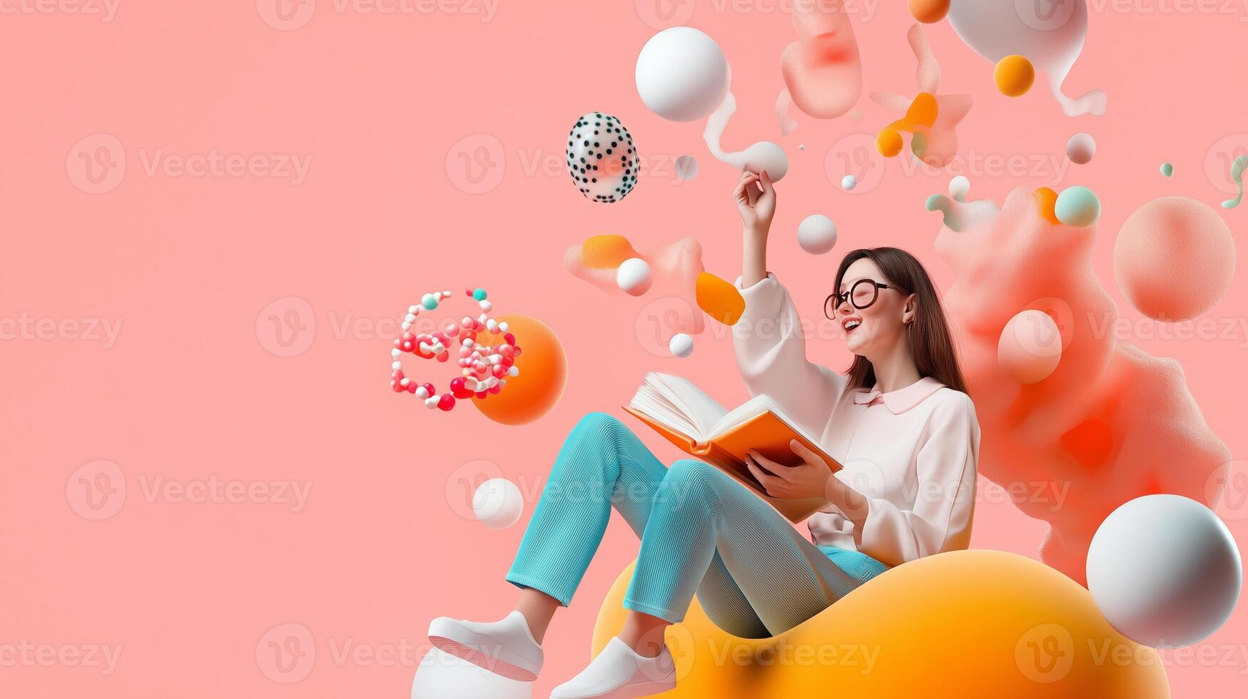 A joyful person reading an orange book while sitting on a colorful sphere against a pink background filled with abstract shapes photo
