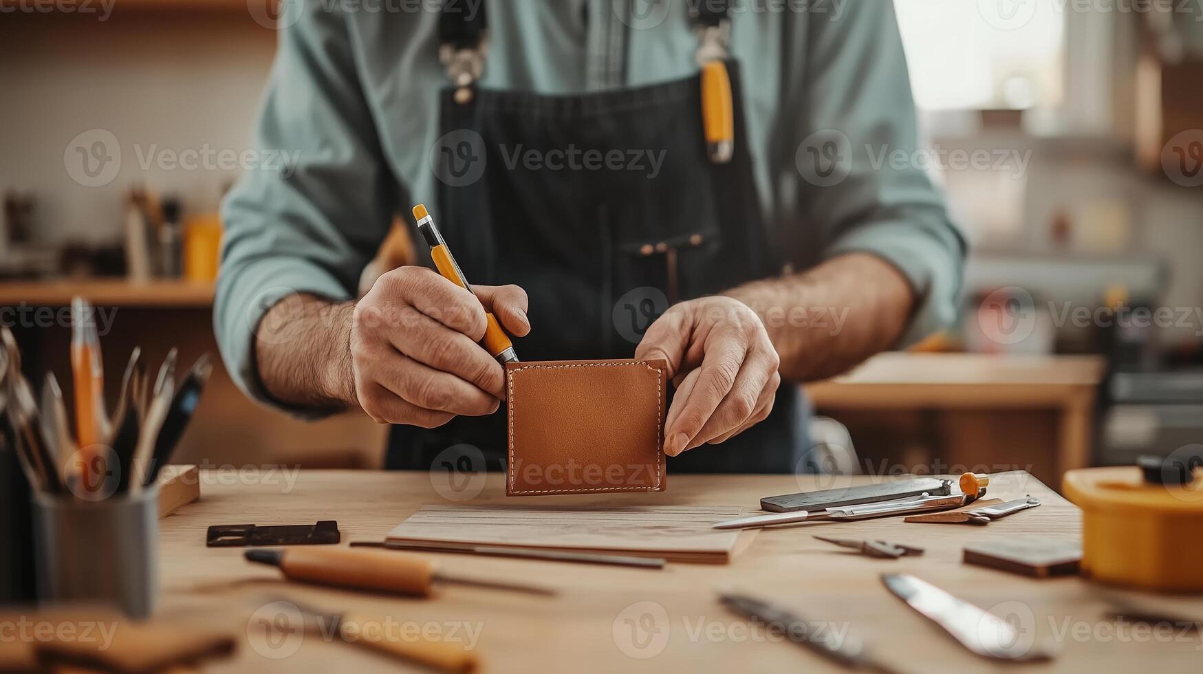 Craftsman creating a leather wallet by hand in a well-lit workshop surrounded by tools and materials during the day photo