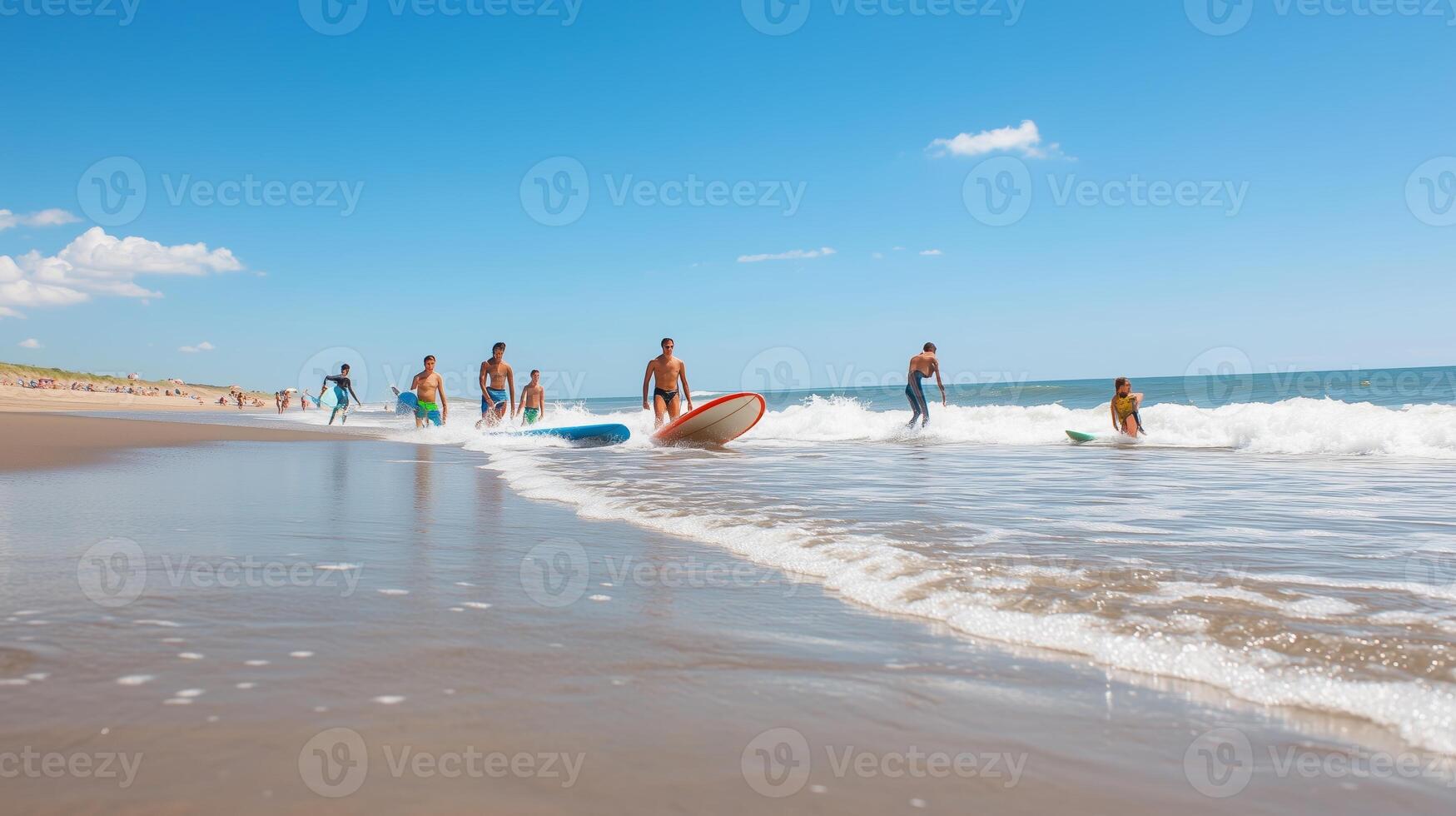 A vibrant summer day at the beach with surfers enjoying the ocean waves and clear blue skies photo