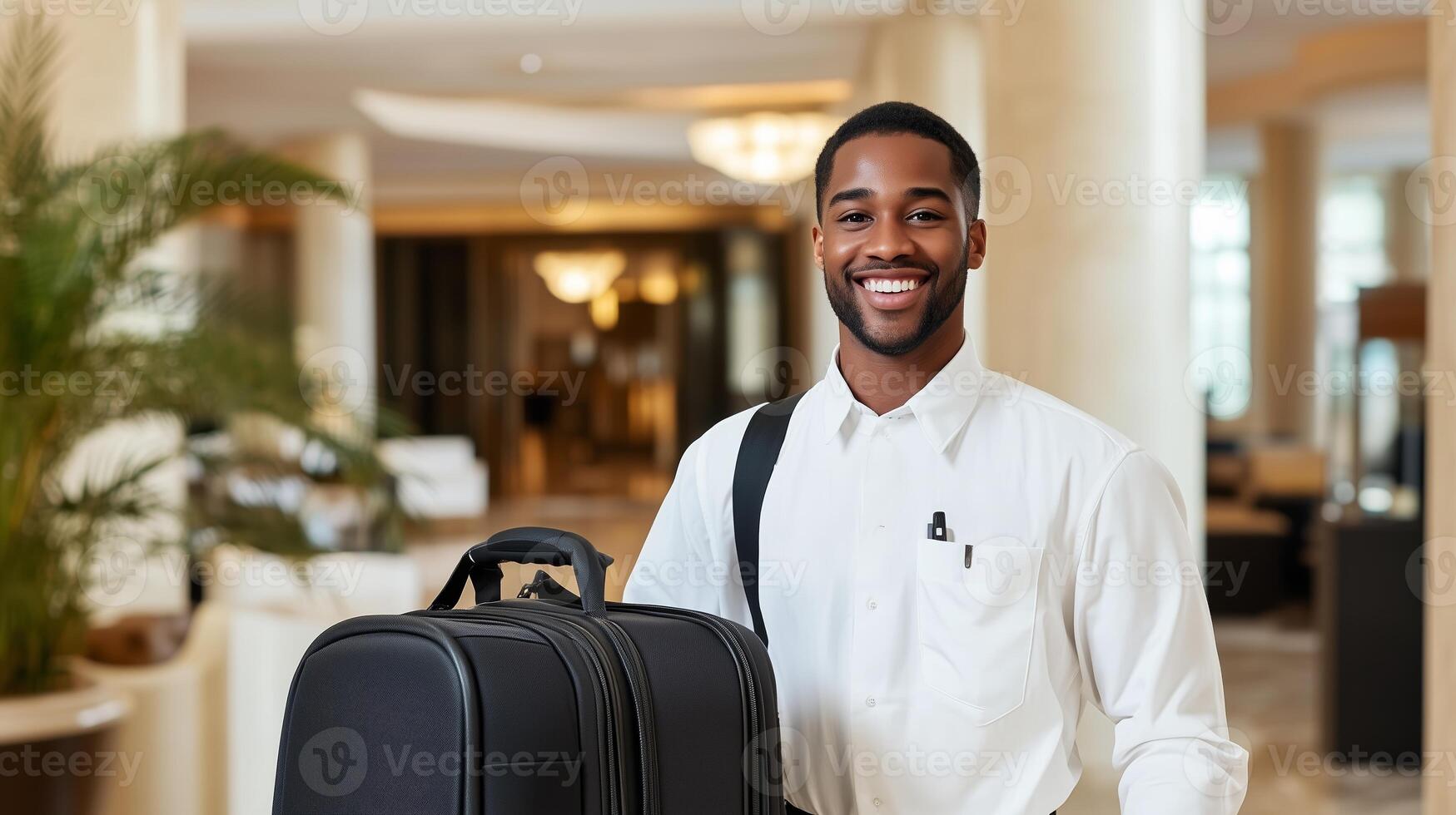 Young man smiling while carrying a suitcase in a hotel lobby during daytime, welcoming guests with a courteous demeanor photo