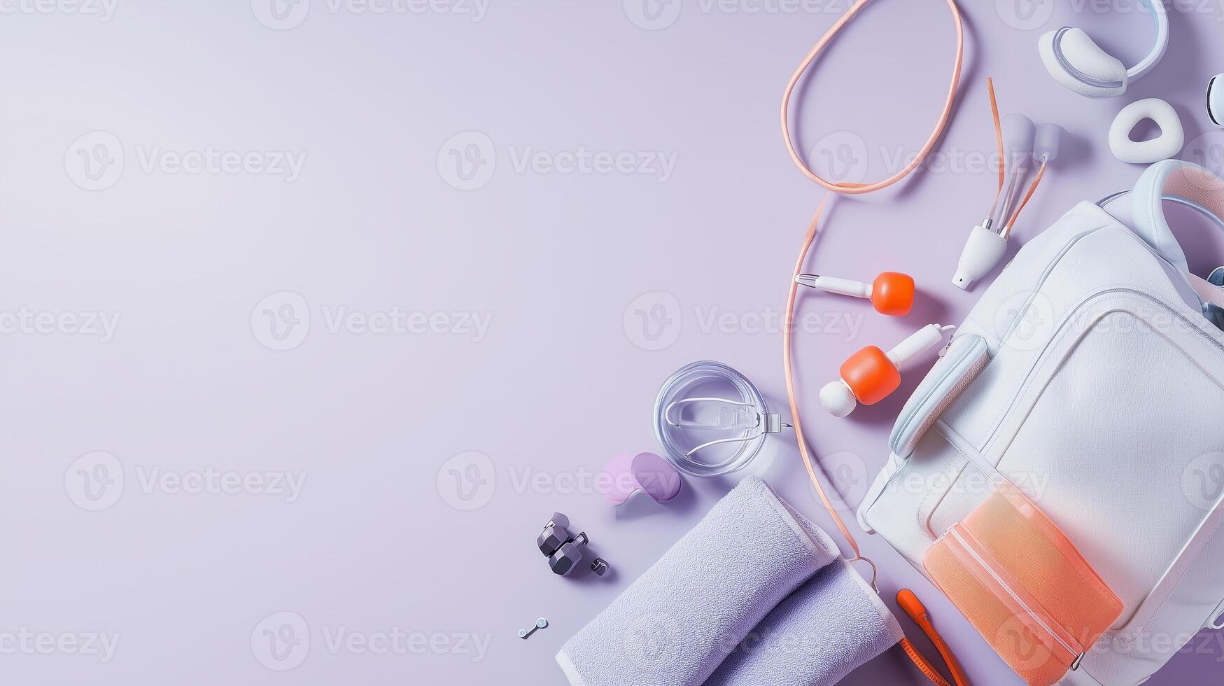 A well-organized workout bag with fitness essentials and accessories laid out on a pastel surface photo