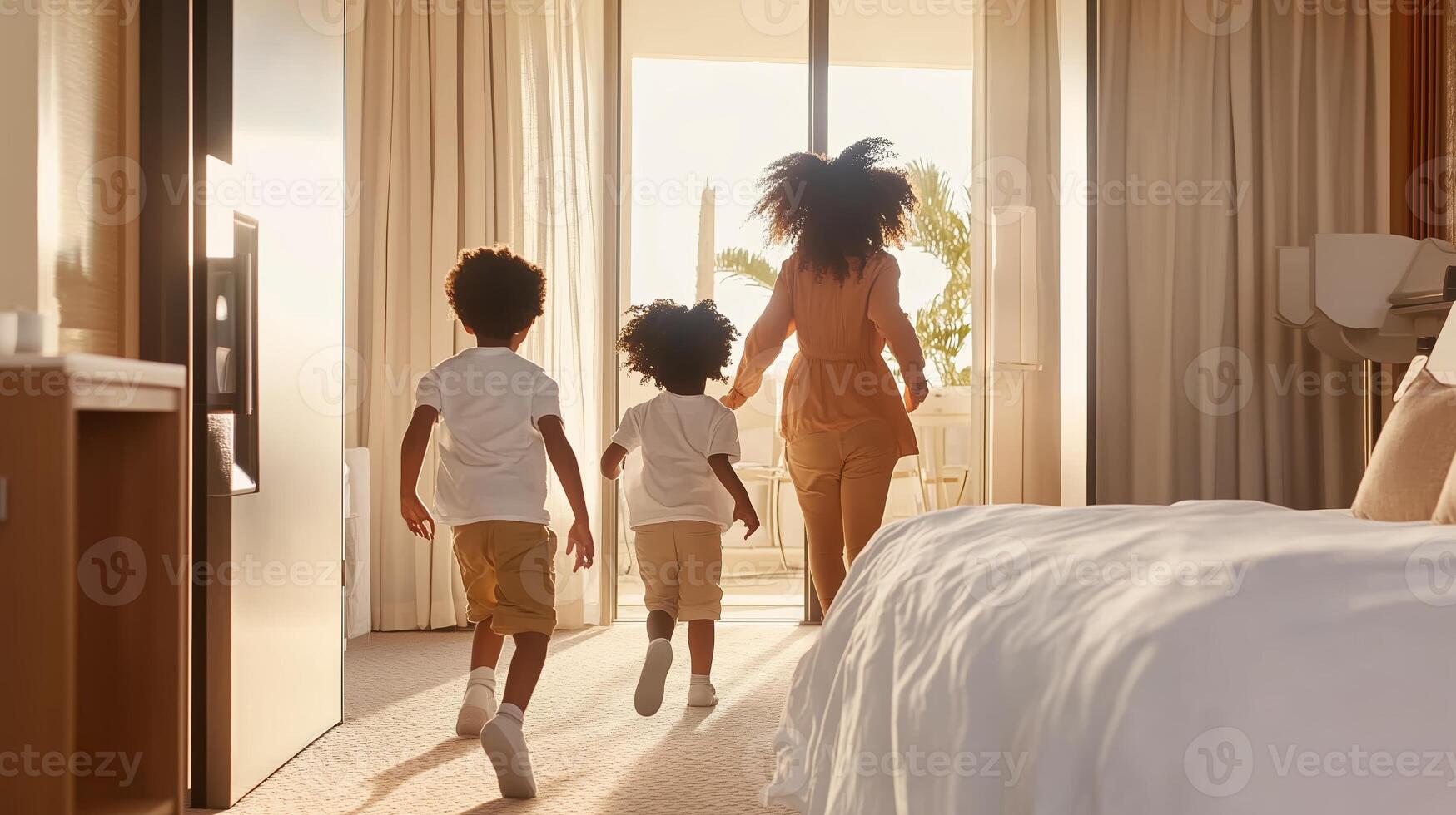 A mother and her two children joyfully run towards the balcony in a bright hotel room during a sunny vacation morning photo